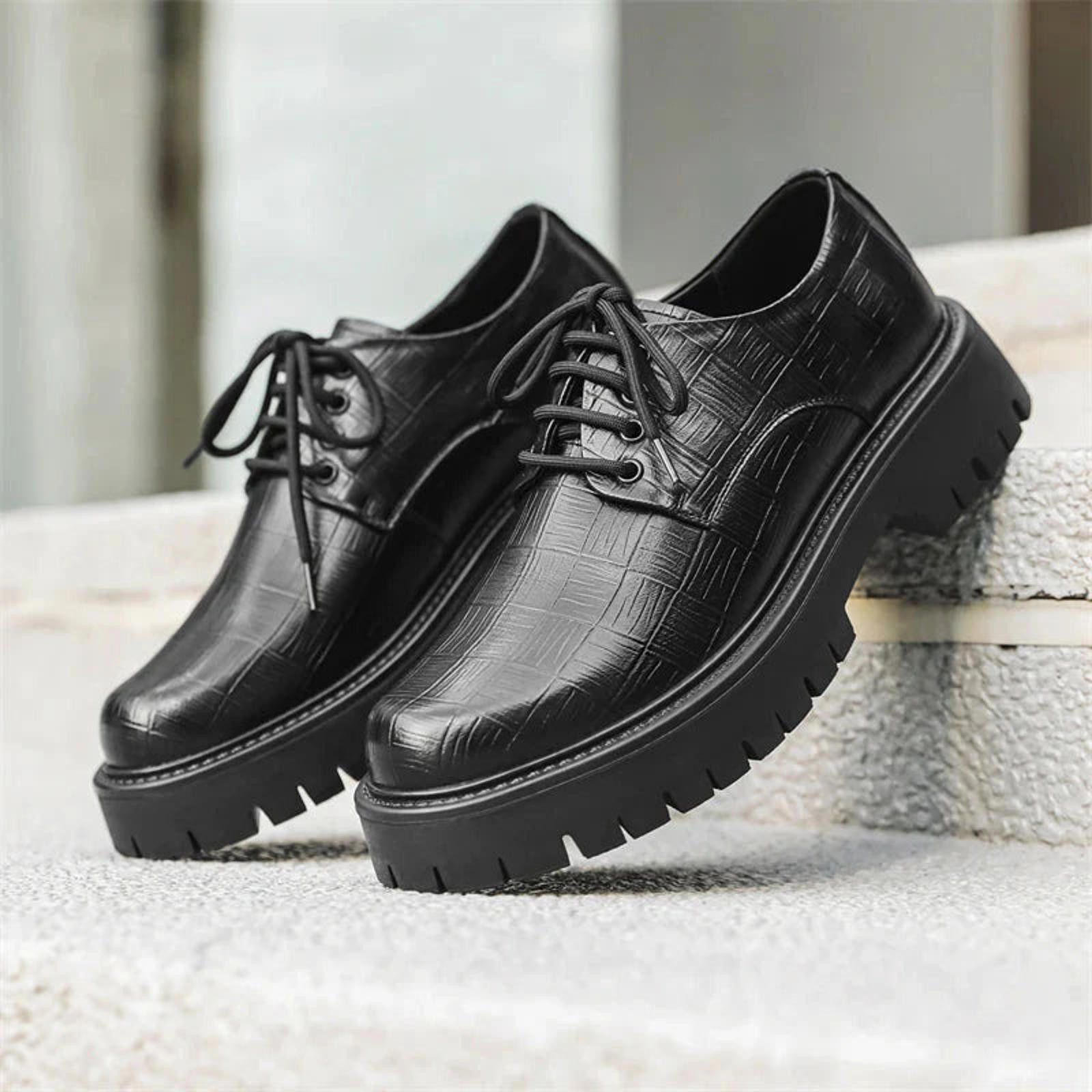 Black Faux Leather Textured Derby Platform Shoes