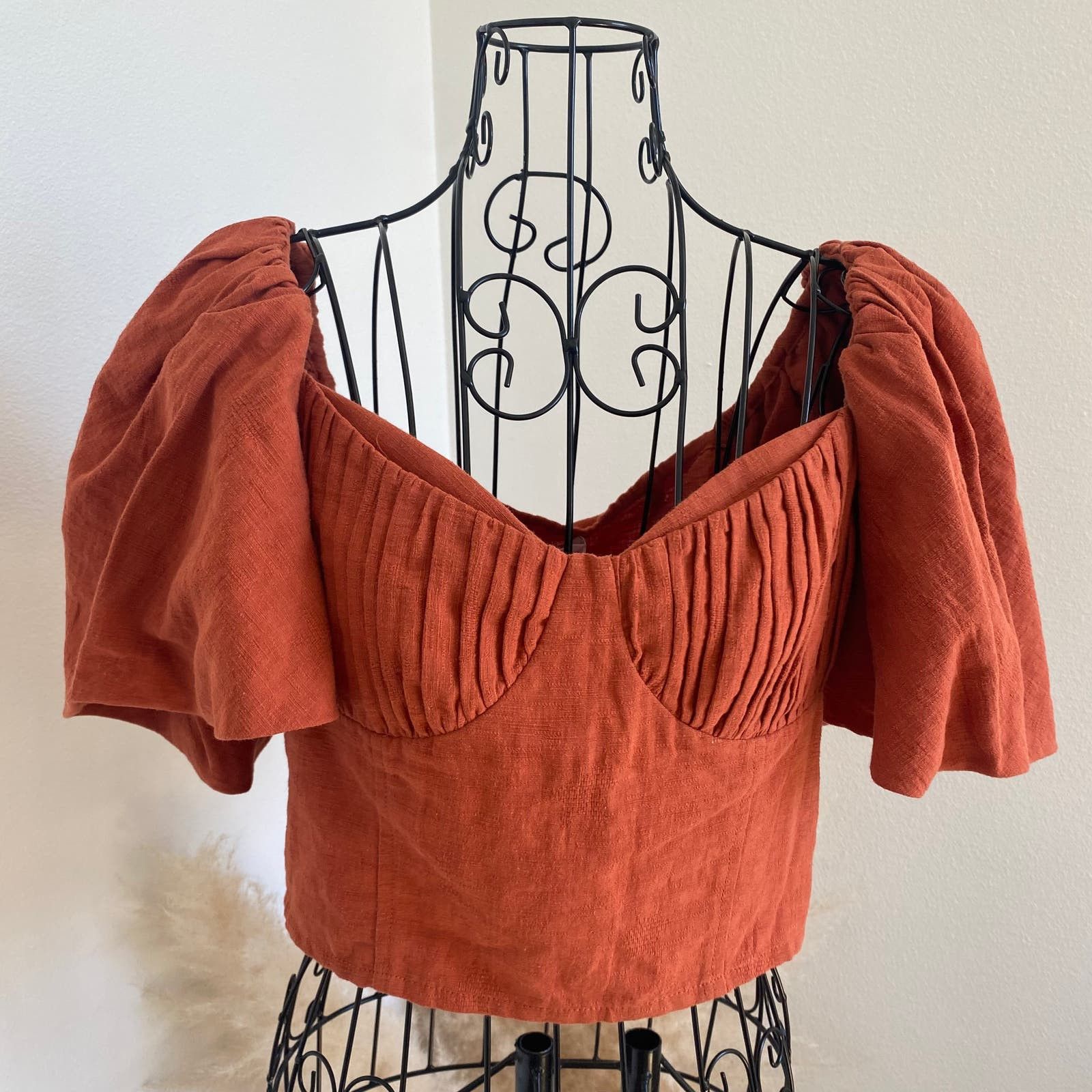 image of Jonathan Simkhai Puff Sleeves Linen Quince Cropped Top in Orange, Women's (Size Medium)