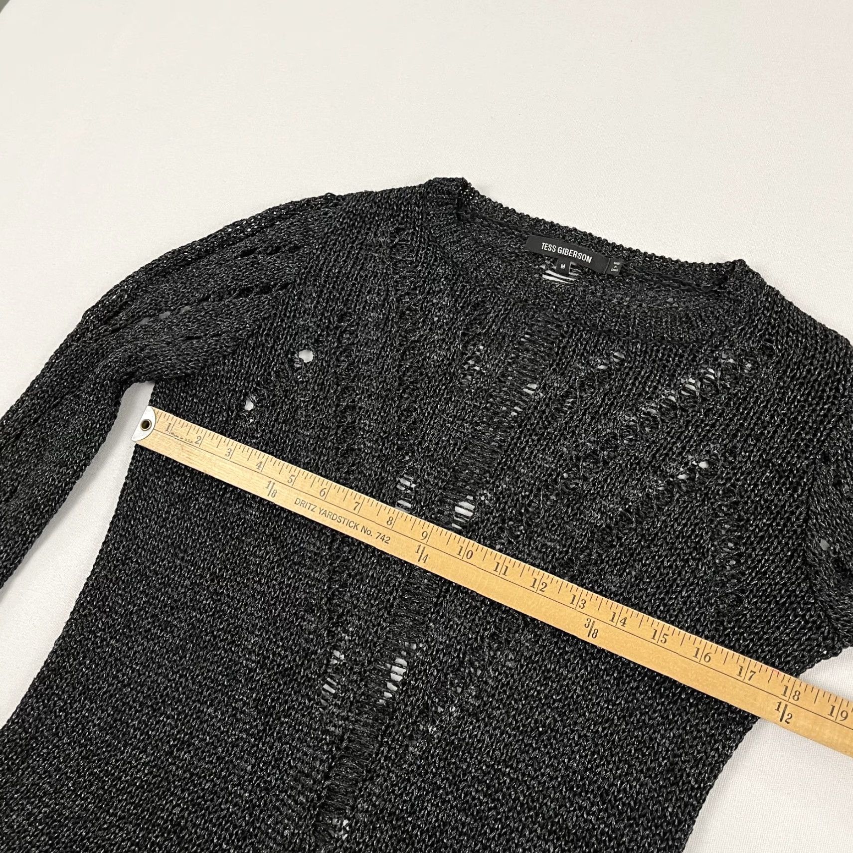 Vintage Tess Giberson Sweater Women Medium Black Shimmer Stretch Open Knit Crew Pullover Size M / US 6-8 / IT 42-44 - 5 Thumbnail
