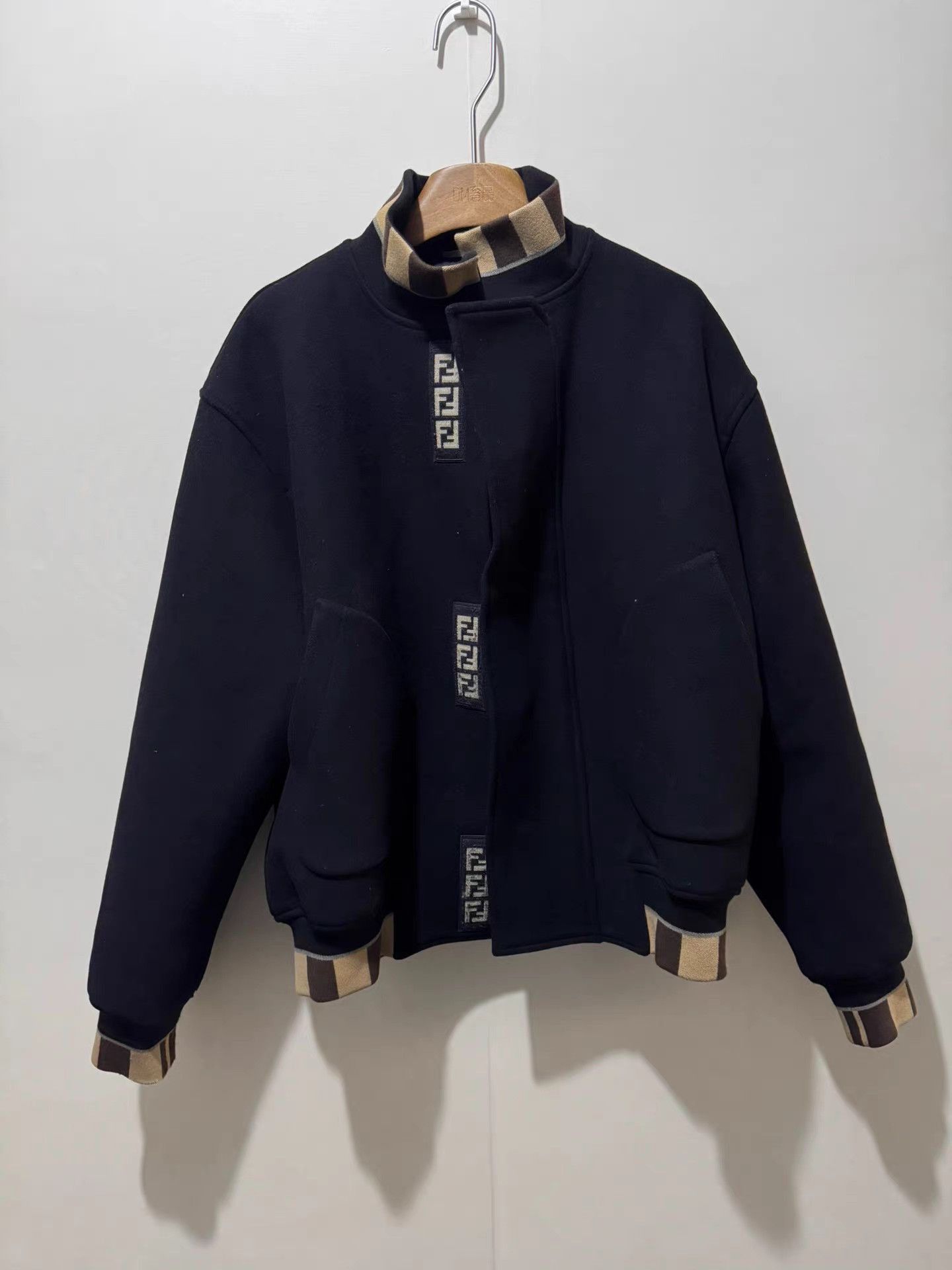 Fendi Black Bomber Jacket with Striped Trim Size US M / EU 48-50 / 2 - 1 Thumbnail