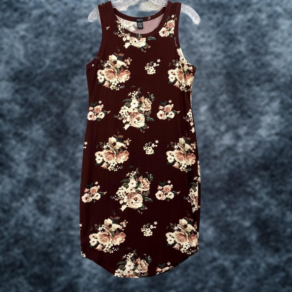 Vintage Rue 21 Shift Tank Dress L Burgundy Floral Sleeveless Knit Midi Straps Boho Casual Travel Womens Summer 90s Theme Rose Vintage: No Size L / US 10 / IT 46 - 1 Thumbnail
