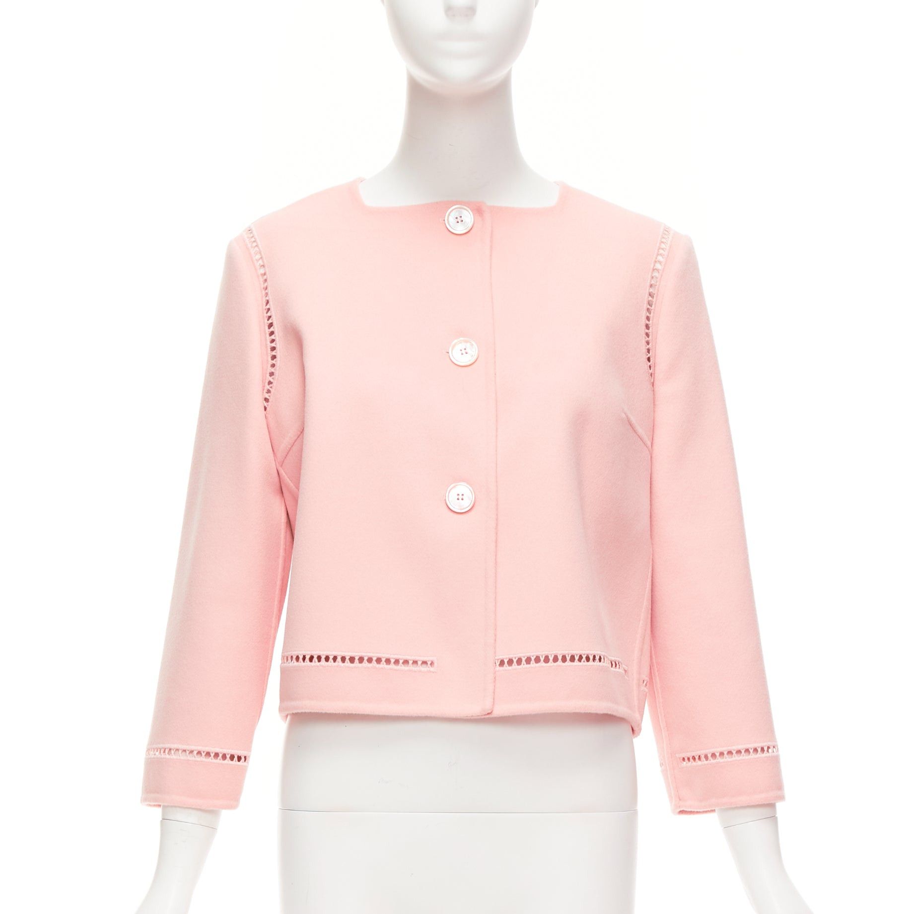 Ermanno Scervino ERMANNO SCERVINO pink 100% virgin wool eyelet trim shell button jacket IT42 M Size M / US 6-8 / IT 42-44 - 1 Thumbnail