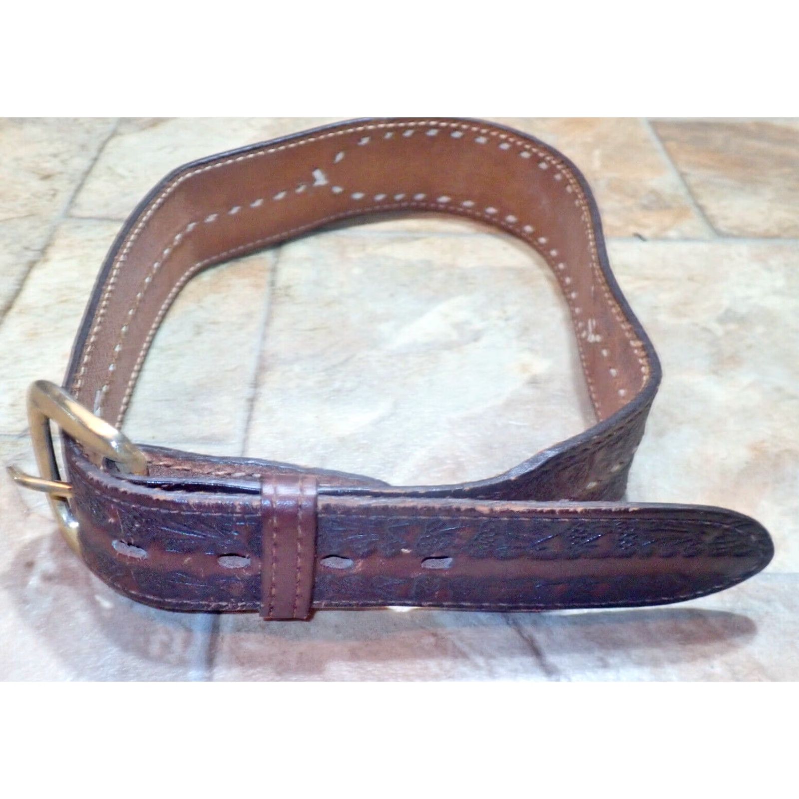 Vintage VINTAGE Bona Allen Belt GINNY Name 30 Brown Tooled Leather Western Belt Womens 70s 80s 90s USA Buckle Size ONE SIZE - 3 Thumbnail