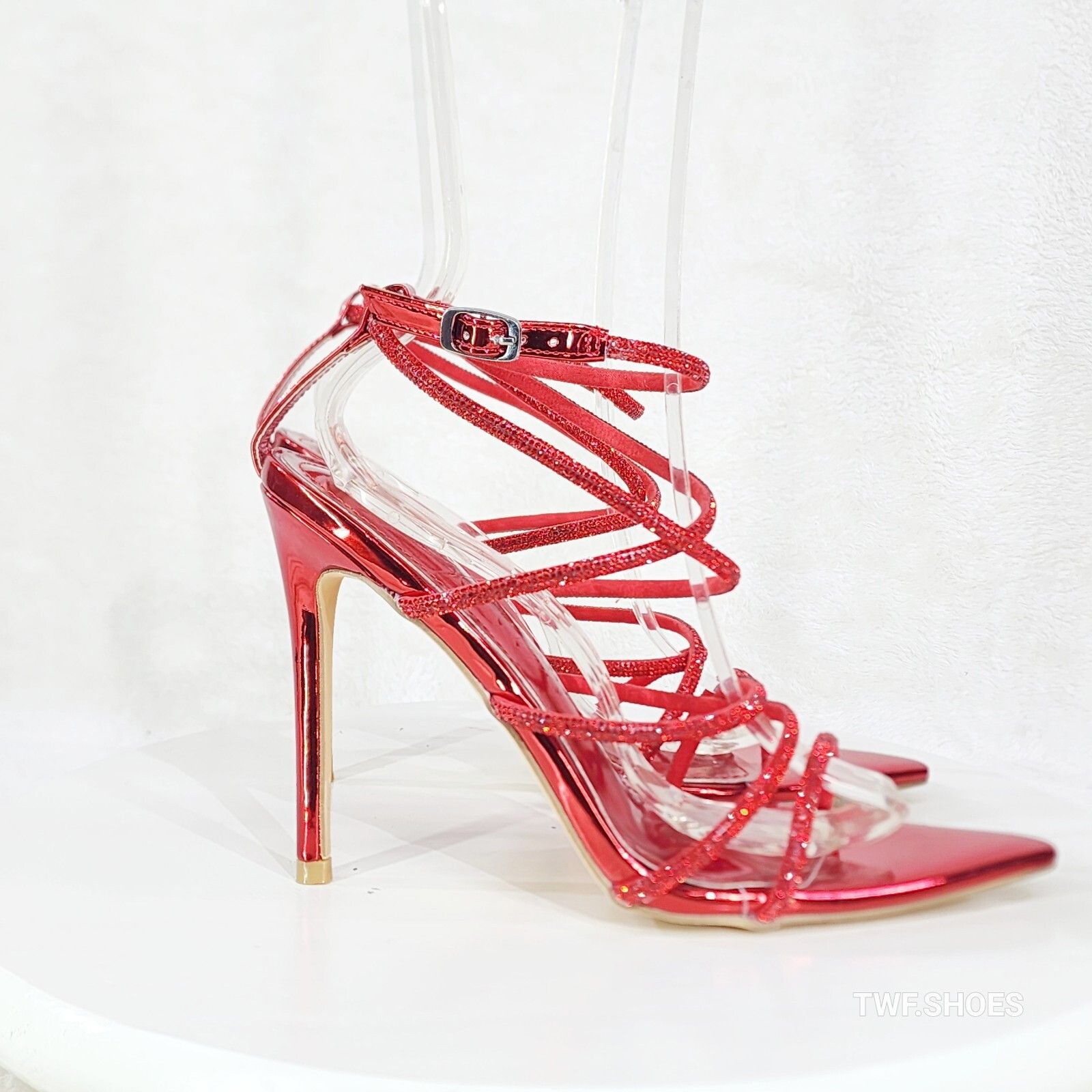 Other Party Town Red Metallic Strappy Rhinestone Pointy Toe High H Size US 9 / IT 39 - 3 Thumbnail