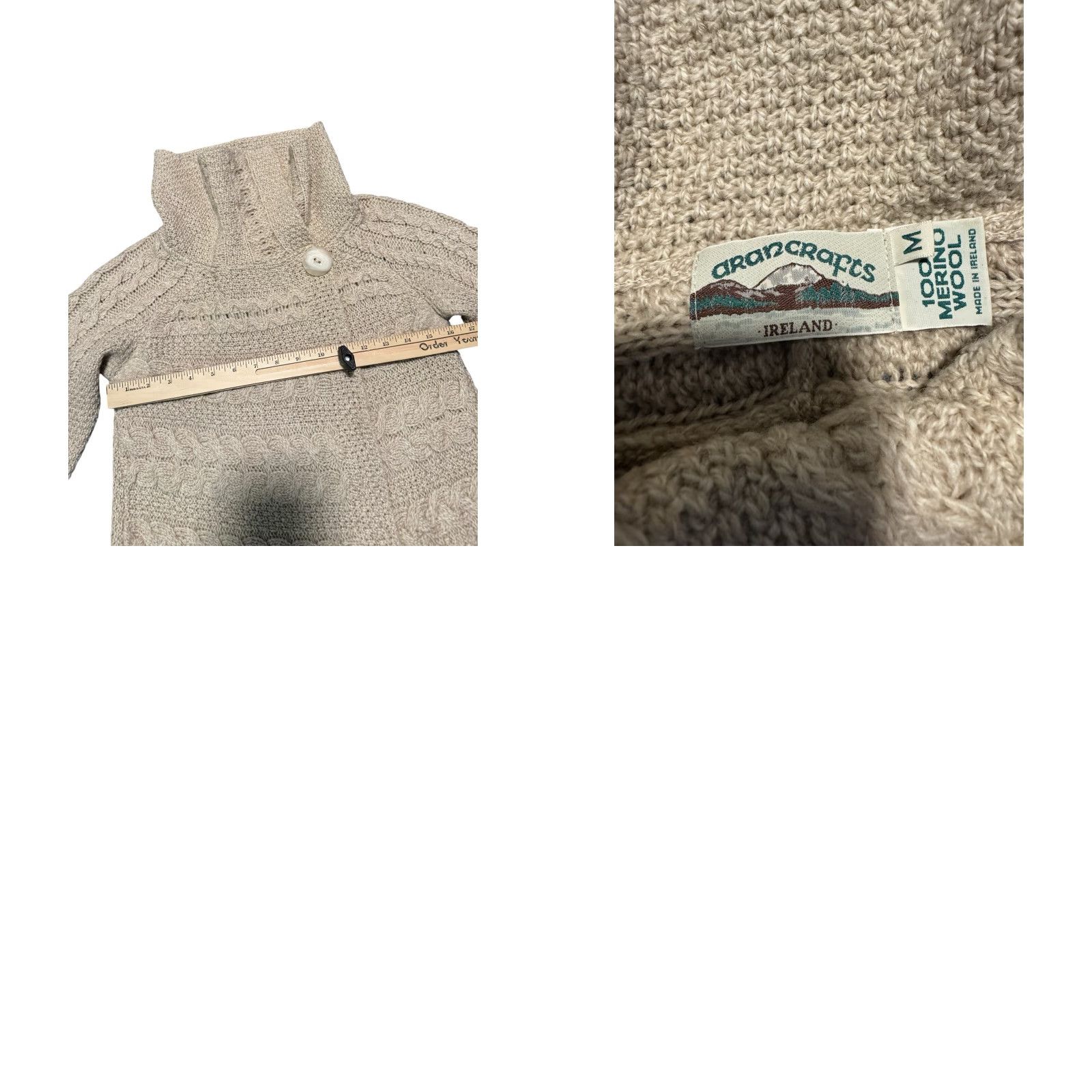 Vintage Aran Crafts Ireland 100% Merino Wool One Button Sweater Shawl Collar Cardigan Size M Beige Womens Sweater Size M / US 6-8 / IT 42-44 - 9 Thumbnail