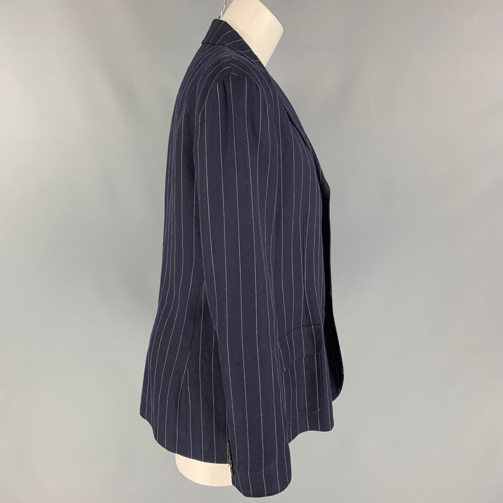 Ralph Lauren 12 Navy White Pinstripe Linen Blend Blazer Size XL / US 12-14 / IT 48-50 - 2 Thumbnail