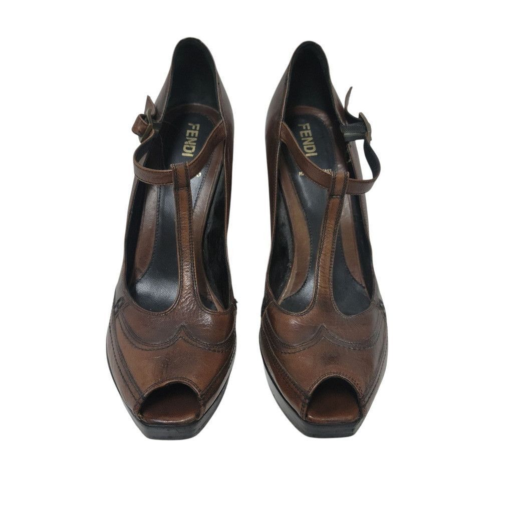 Fendi FENDI Authentic Women Open Toe Block Heel Shoes Brown EU 38 Size US 7 / IT 37 - 4 Thumbnail