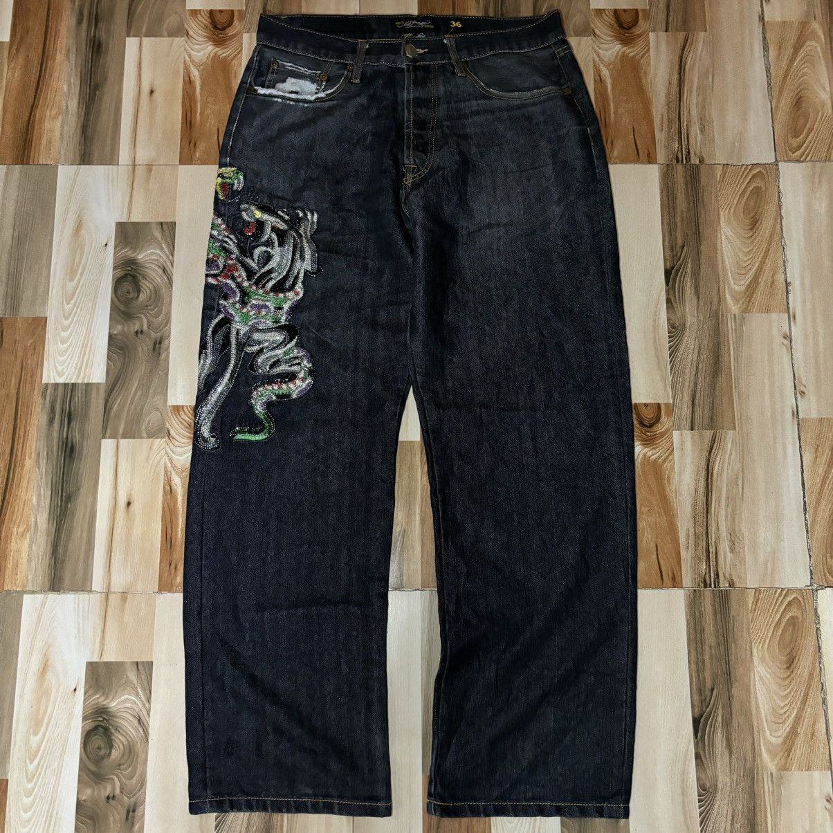 Christian Audigier × Ed Hardy Vintage 00s Edhardy Spell Out Tiger Leopard Jeans Size US 36 / EU 52 - 2 Thumbnail