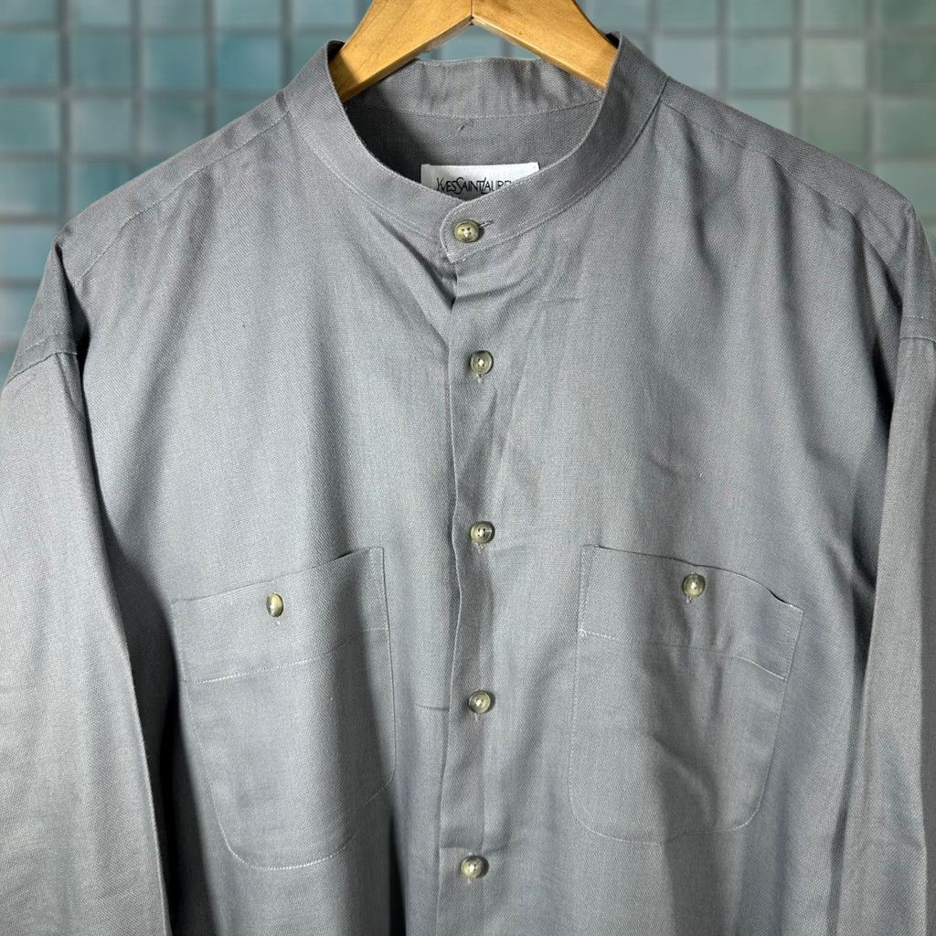 Yves Saint Laurent VINTAGE Yves Saint Laurent Mens Grey Mandarin Collar Button Down Shirt XL 17 32-33 YSL Size US XL / EU 56 / 4 - 1 Thumbnail