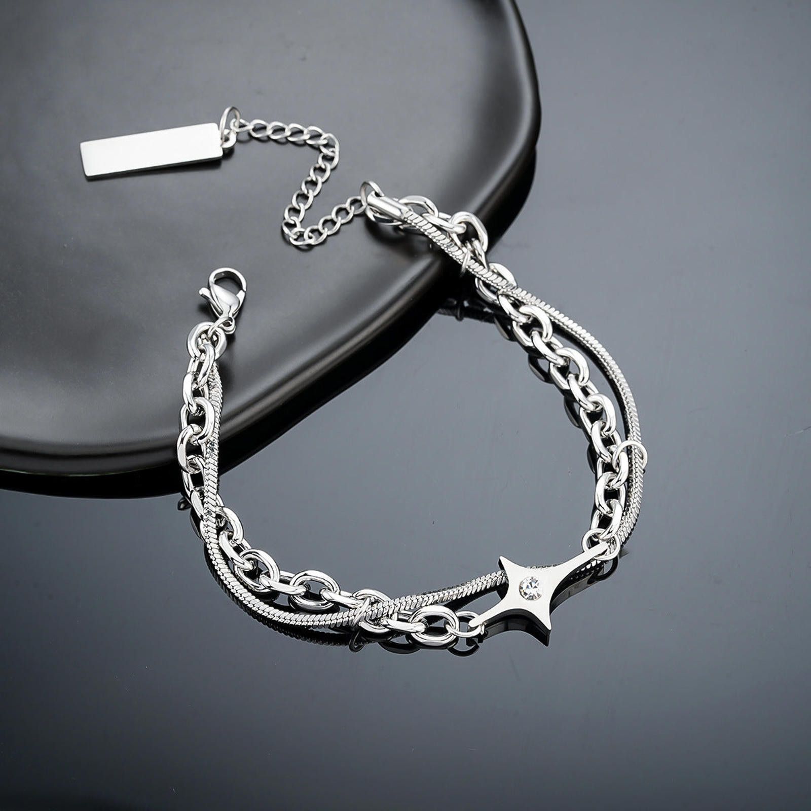 Japanese Brand Silver Chain Link Bracelet with Star Charm, Adjustable Size ONE SIZE - 3 Thumbnail