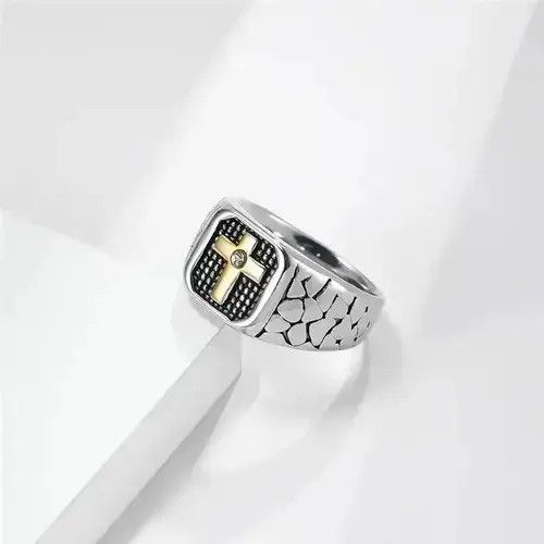 Jewelry x Ring Gold Plated Retro Cross Ring in Silver, Men's