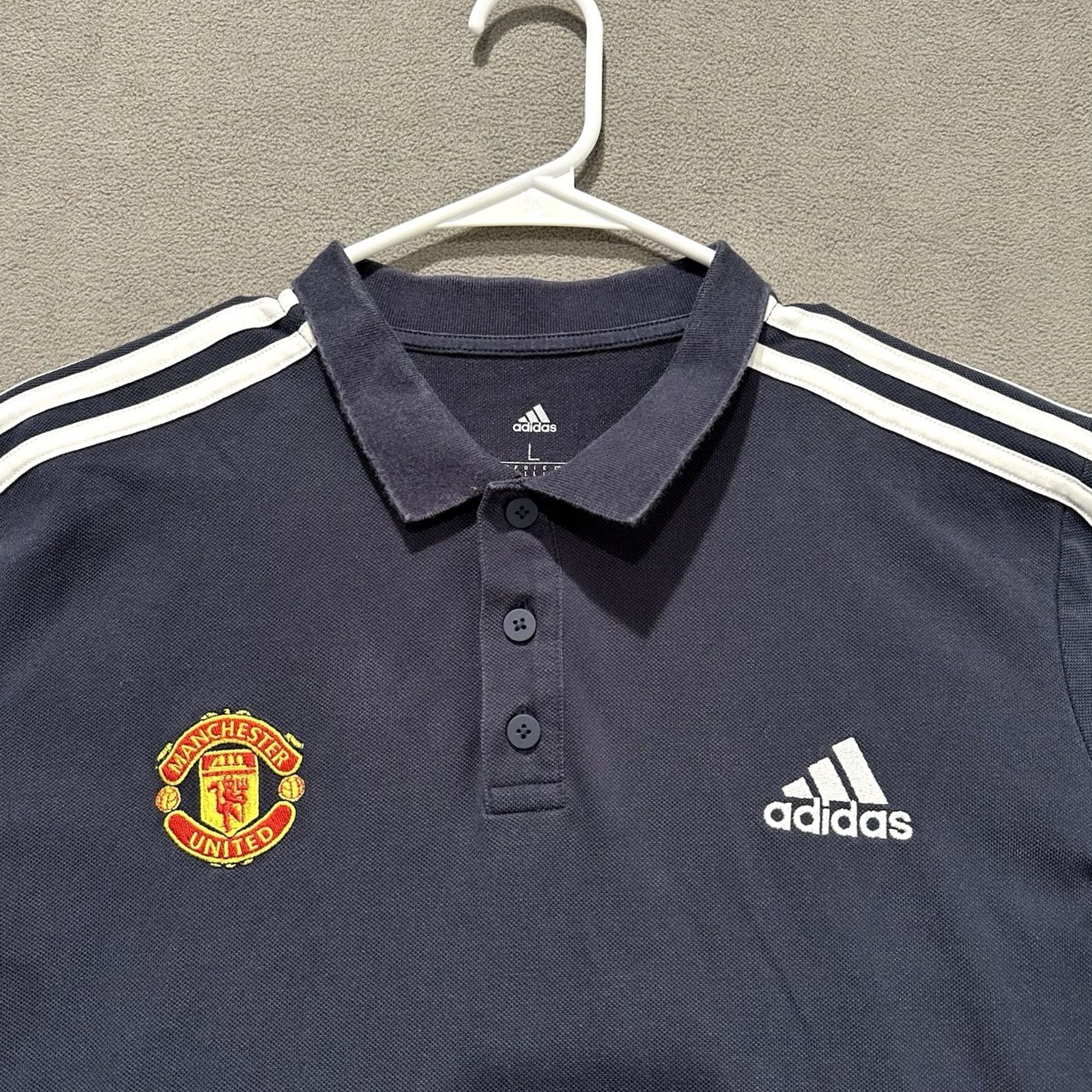 Adidas Manchester United adidas Shirt Mens Large Navy Blue 3 Stripe Polo Shirt MLS EUC Size US L / EU 52-54 / 3 - 3 Thumbnail