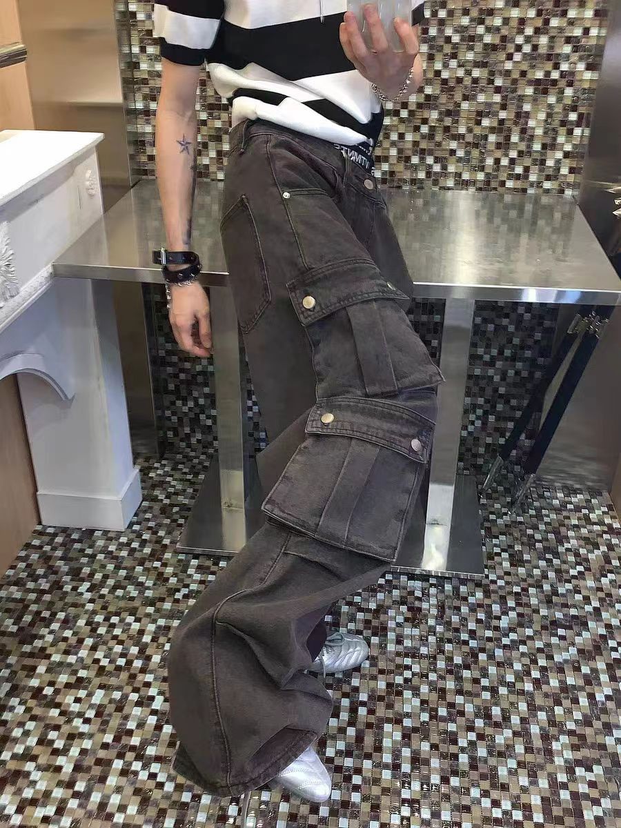 Black Casual Baggy Multi-Pocket Workwear Denim Trousers