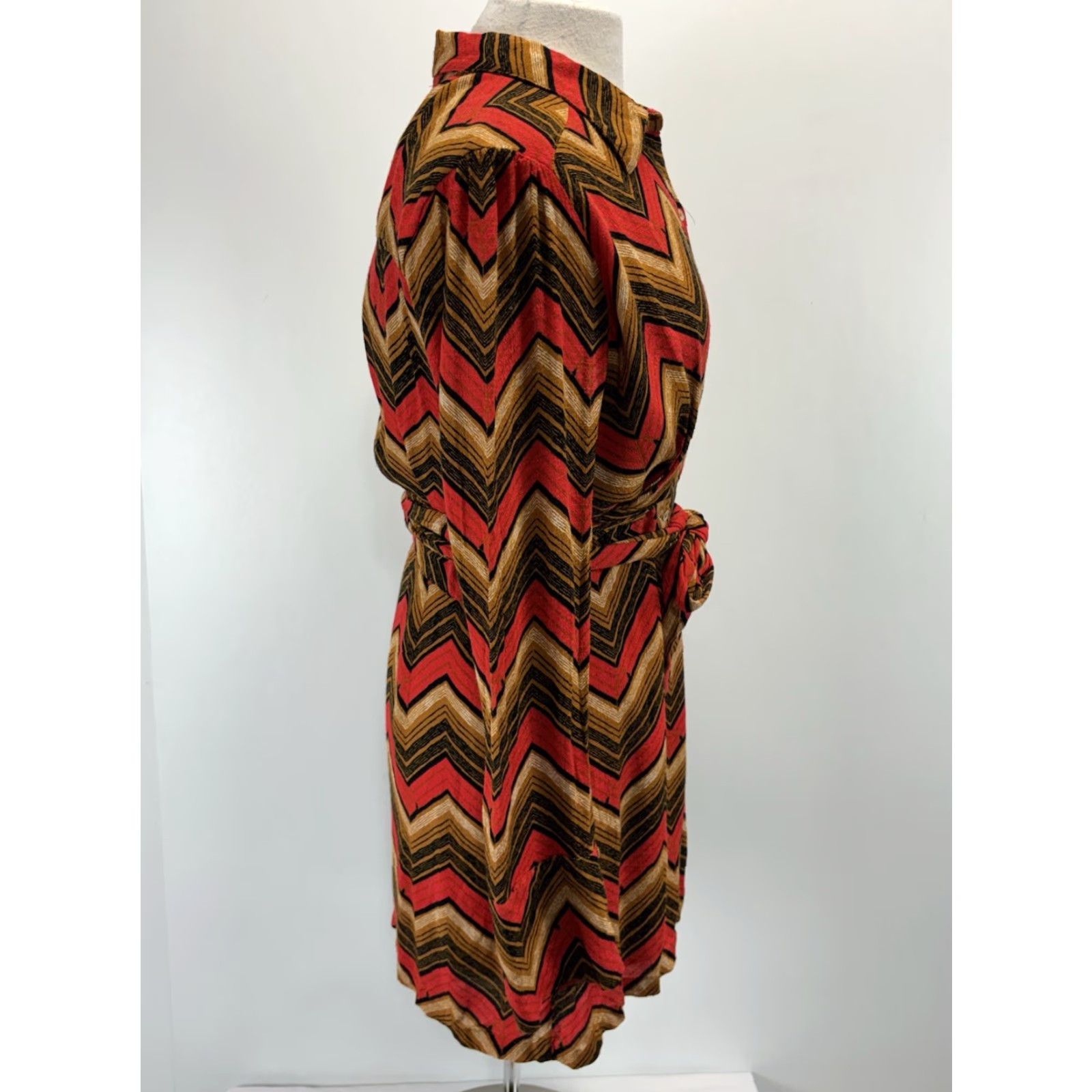 Free People Free People Chevron Shirt Dress Women L Button Front Tie Waist Boho Festival Multicolor Long Sleeve Collared Viscose Blend Short Dress Size L / US 10 / IT 46 - 4 Thumbnail