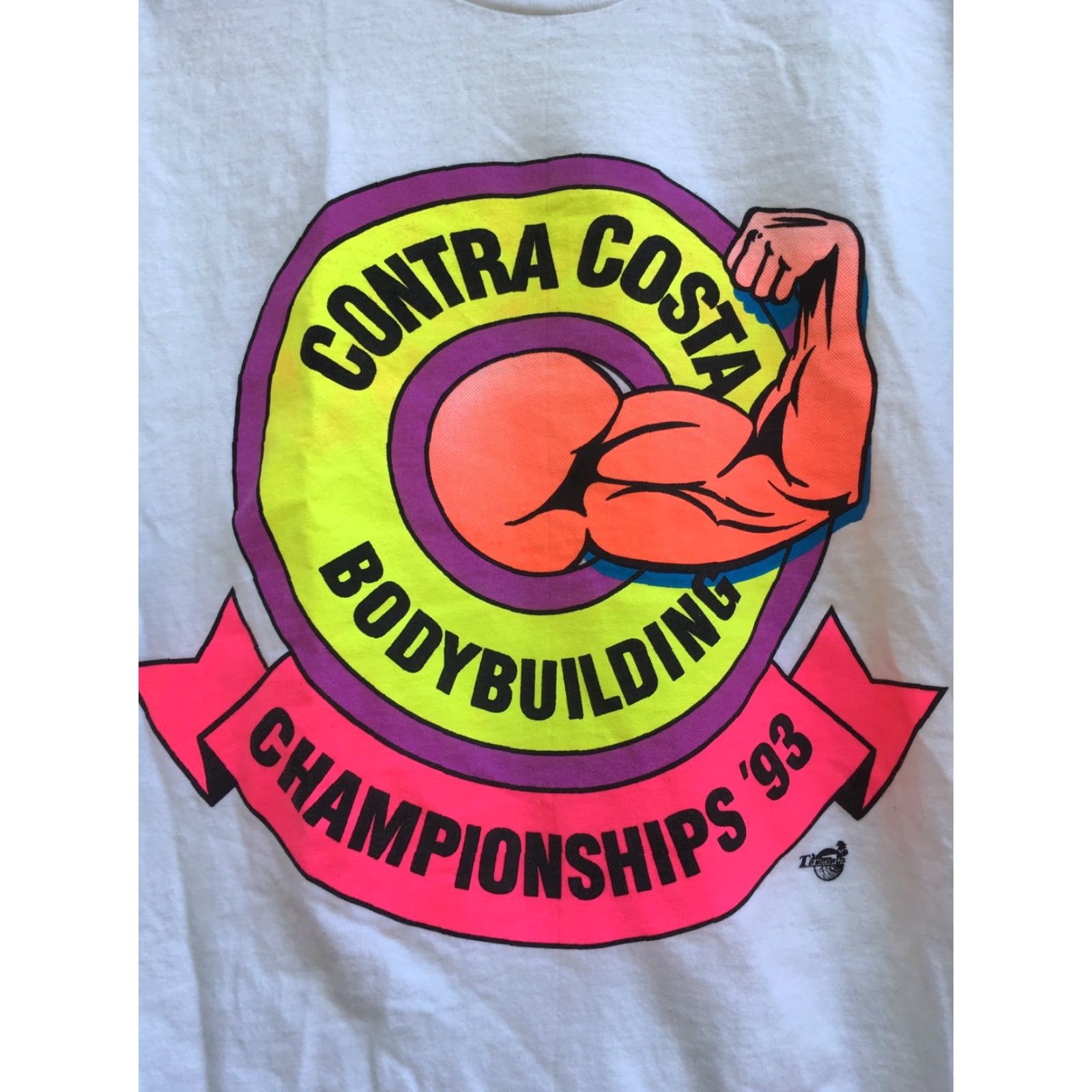 Vintage VINTAGE Hanes Beefy-T Contra Costa Bodybuilding Championships '93 T-Shirt 90s Neon Graphics XL White Mens Graphic Tee 1990s Size US XL / EU 56 / 4 - 4 Thumbnail