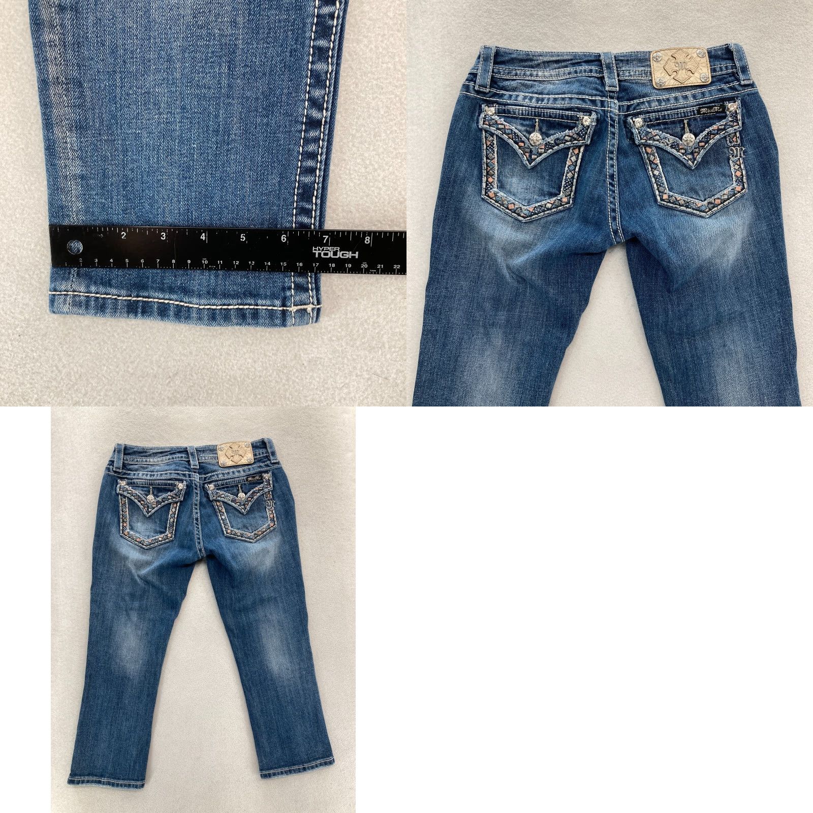 Miss Me Miss Me Cuffed Capri Jeans Women's 28 Blue Stretch Denim Embroidered Studded Capris Slim 5-Pocket Distressed Western Cowboy Rock Size 28" / US 6 / IT 42 - 9 Thumbnail