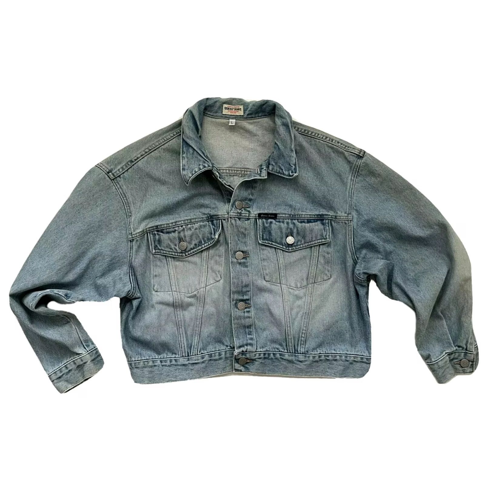 Guess VINTAGE GUESS Denim Trucker Jacket Women’s L Blue 90s Made in USA Button Collared Short Sleeve 100% Cotton Size 36" / US 14 / IT 50 - 2 Thumbnail