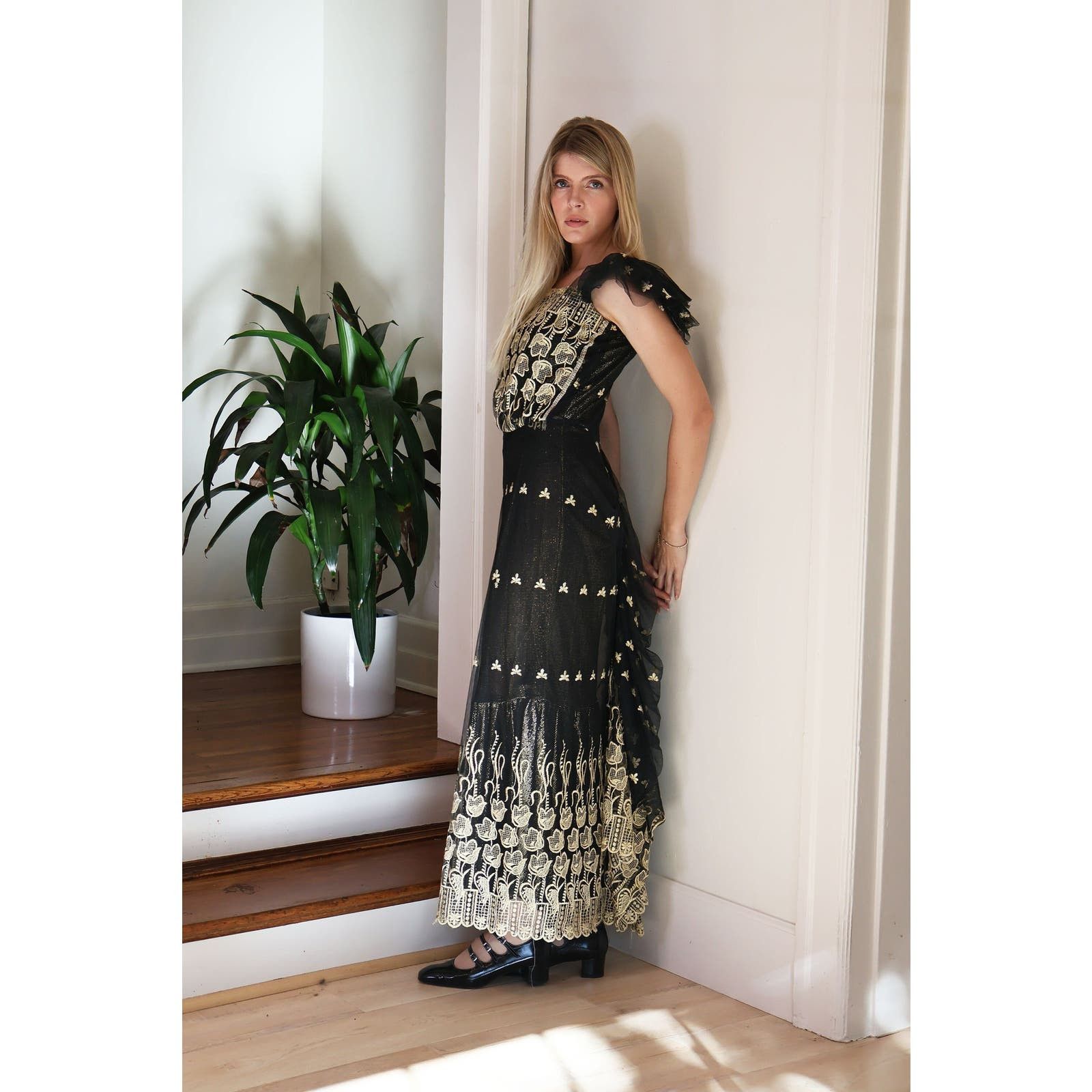 image of Vintage 1970S Does 1920S Embroidered Dress in Black, Women's (Size Small)