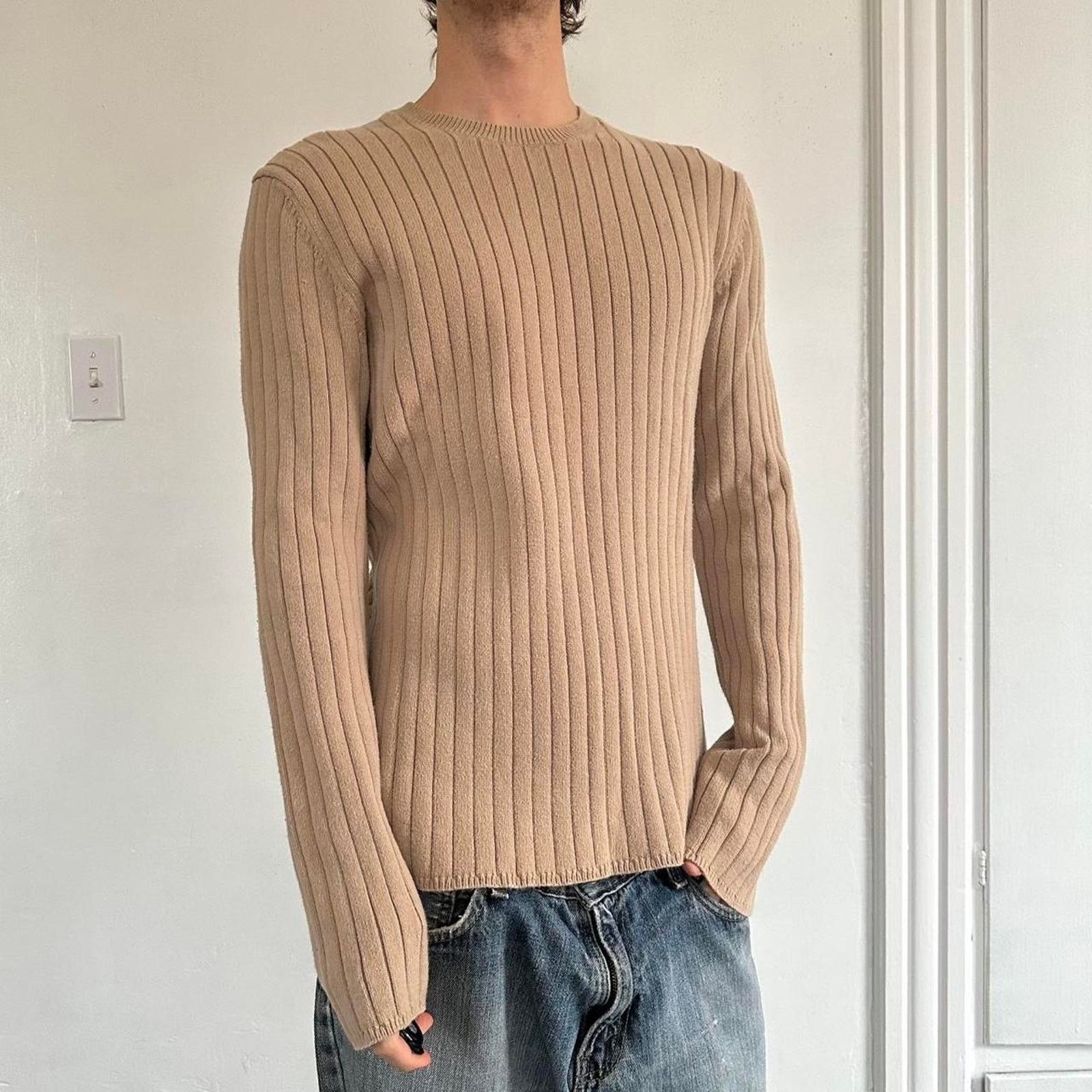 Vintage Express Ribbed Slim Fitted Long Sweater Crewneck