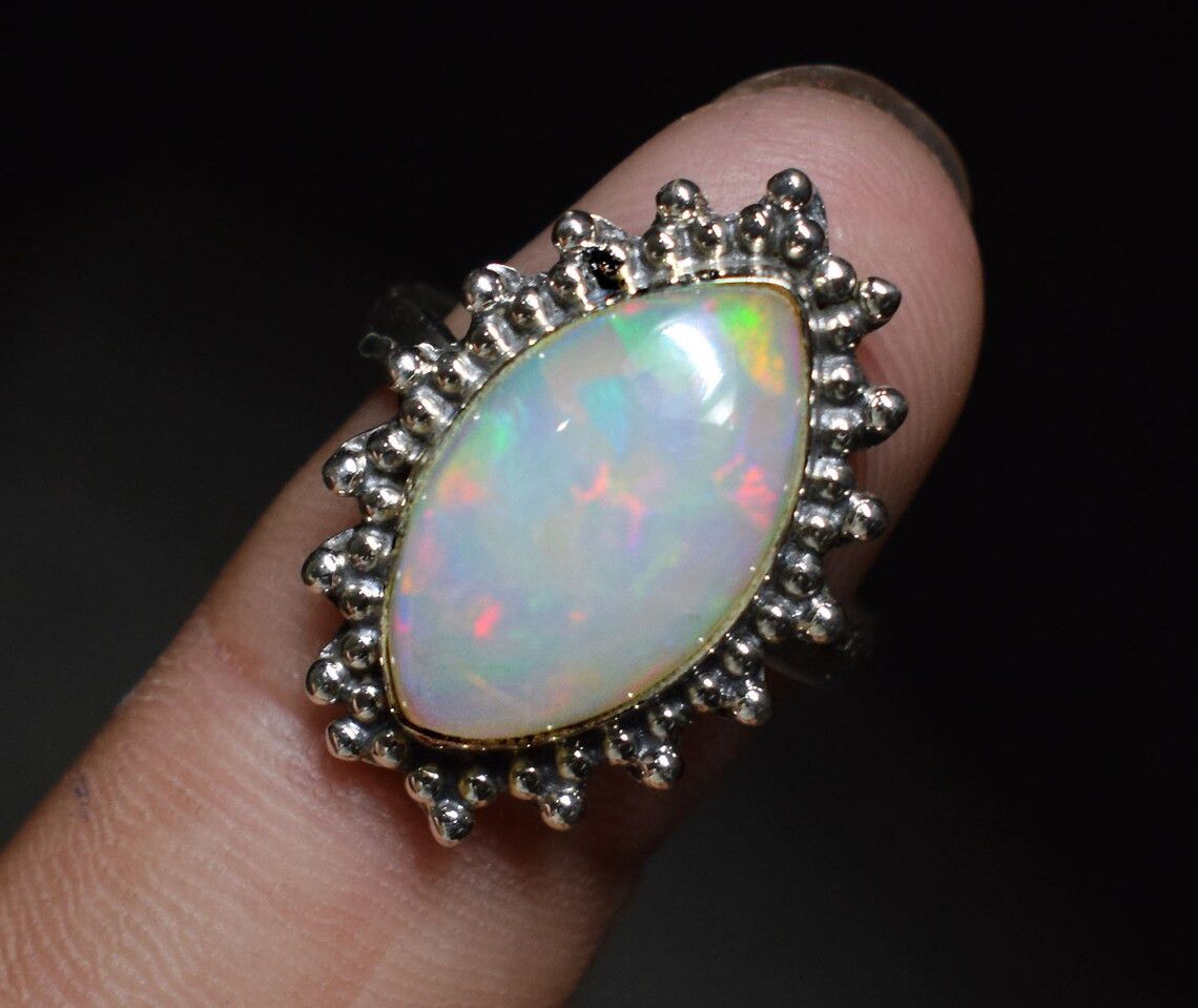 Handmade Marquise Ethiopian Opal Ring: 925 Sterling Silver
