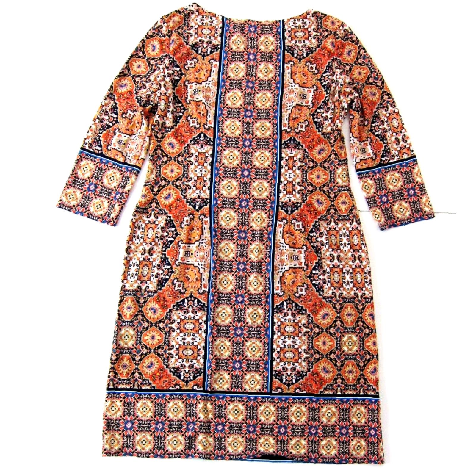 Vintage VINTAGE London Times Orange Blue Black Geo Floral Stretch 3/4 Sleeve Shift Dress 10 Size L / US 10 / IT 46 - 2 Thumbnail
