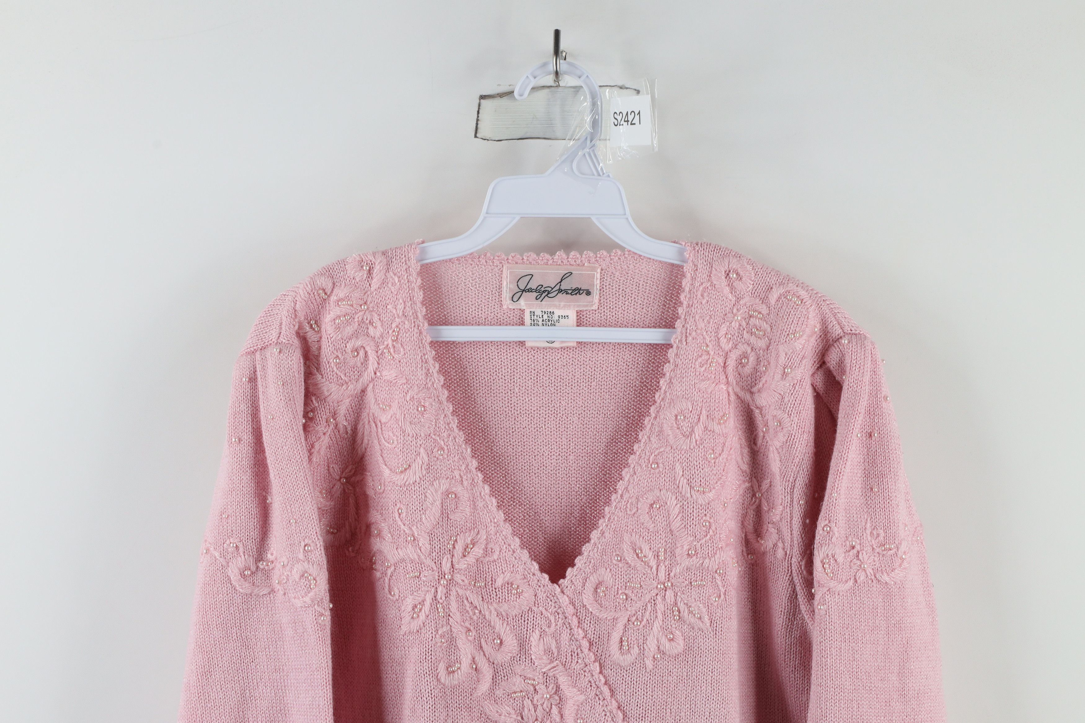 Vintage Vintage 80s 90s Mid Mod Beaded Puff Sleeve Knit Sweater Size L / US 10 / IT 46 - 2 Thumbnail