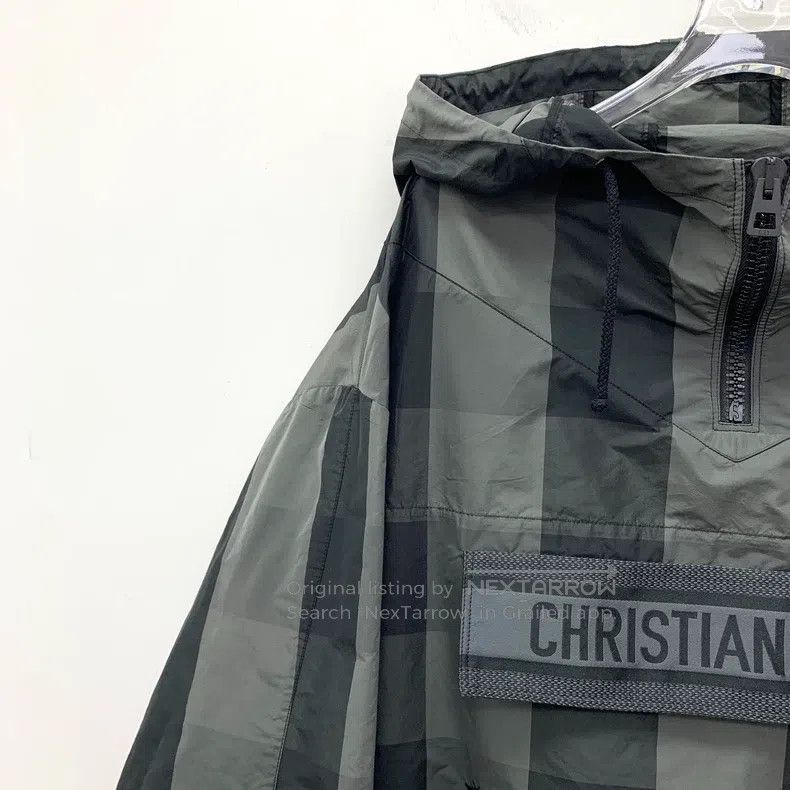 Dior Colour block plaid bee embroidery hooded half-zipper