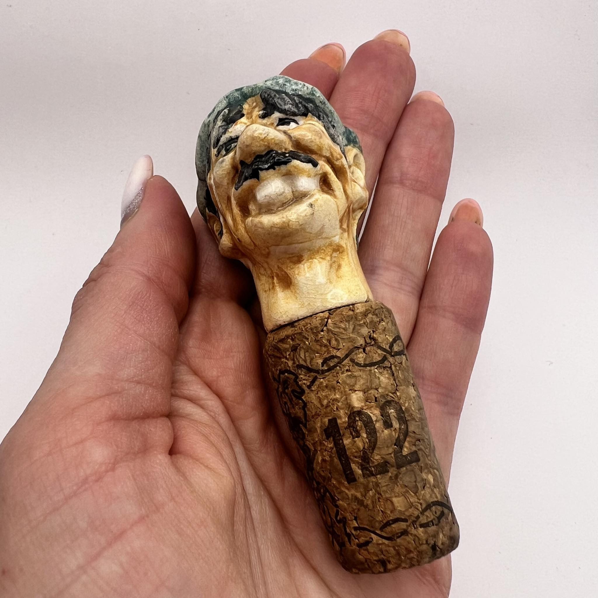 Vintage Vintage handmade Pottery Clay Bottle Cap Cork Lid Head Man Size ONE SIZE - 2 Thumbnail