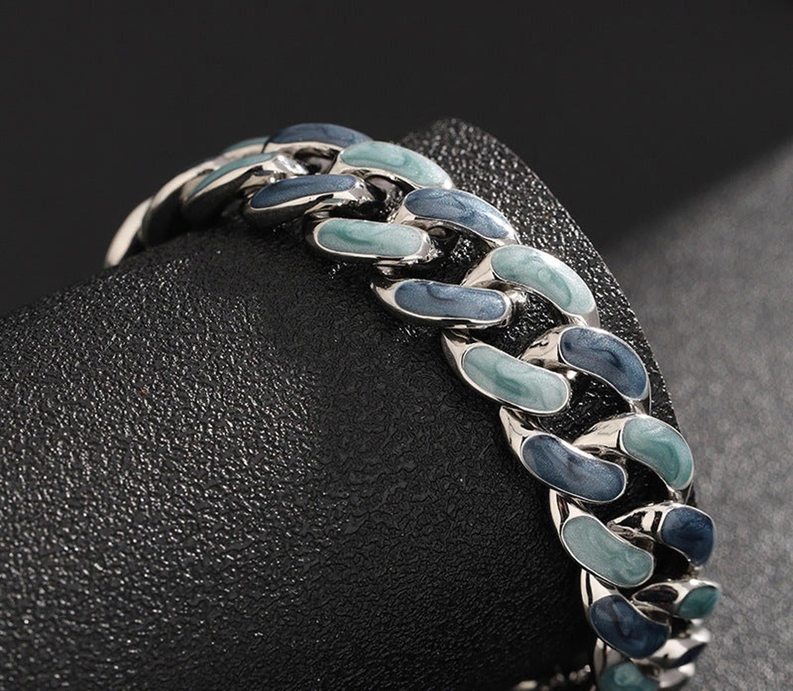 Jewelry Silver Blue Chain Link Bracelet, Chunky Metal Bracelet Size ONE SIZE - 2 Thumbnail