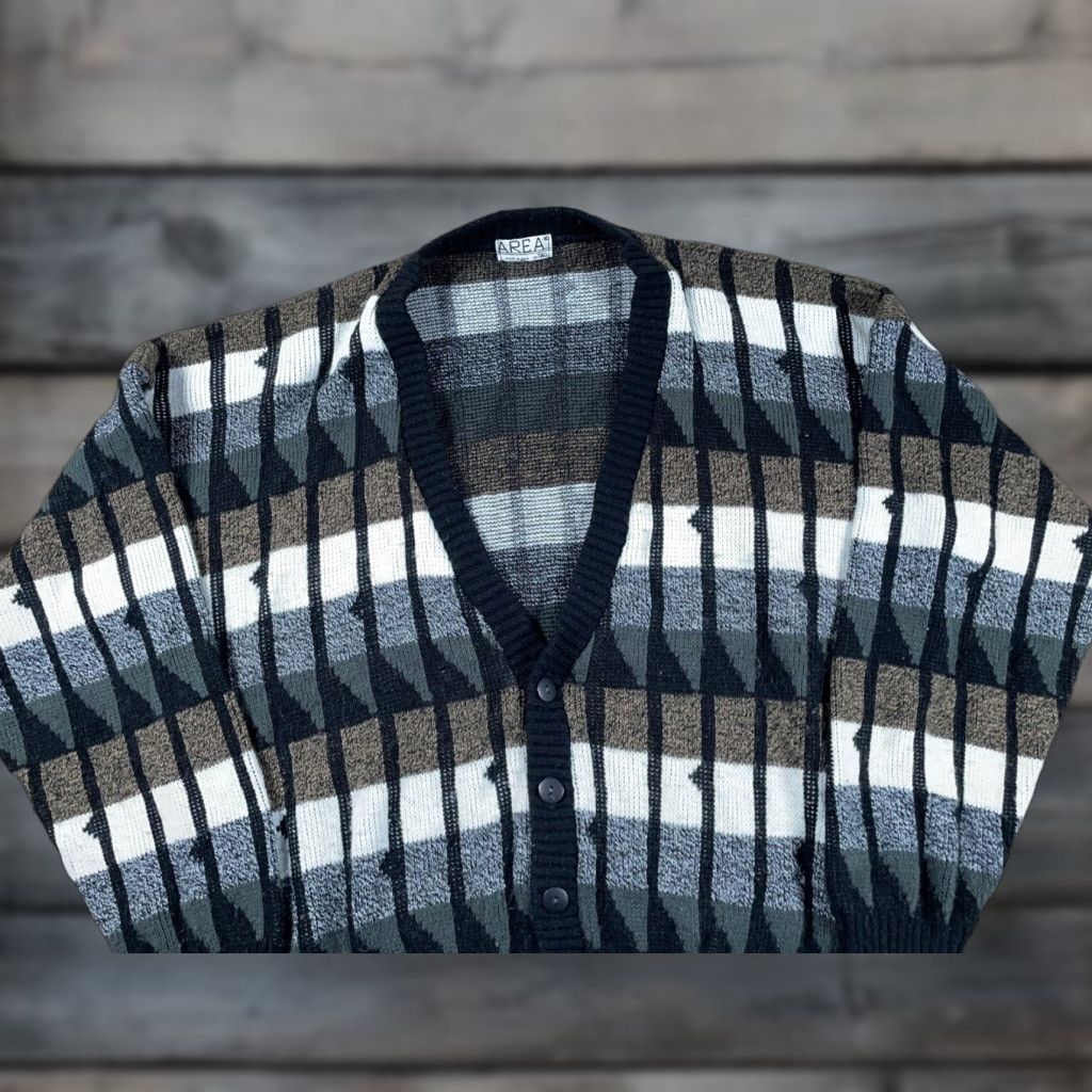 Area VINTAGE Area Men's XL Cardigan Sweater Geometric Pattern Knitted 80s Retro Hipster Black White Size US XL / EU 56 / 4 - 1 Thumbnail