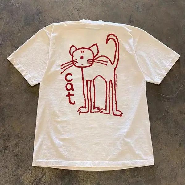Japanese Brand VIBE White street washed retro cat print t-shirt Size US M / EU 48-50 / 2 - 3 Thumbnail