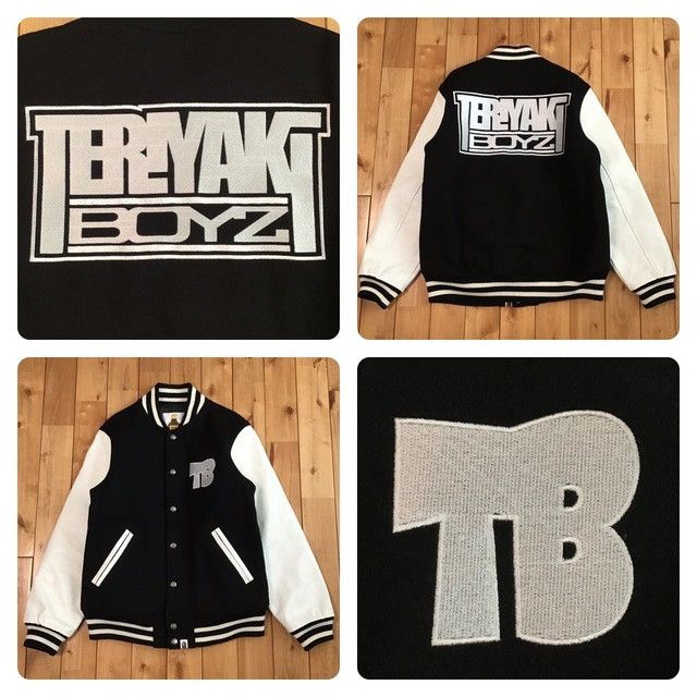 BAPE TERIYAKI BOYS leather sleeve varsity jacket Kanye NIGO