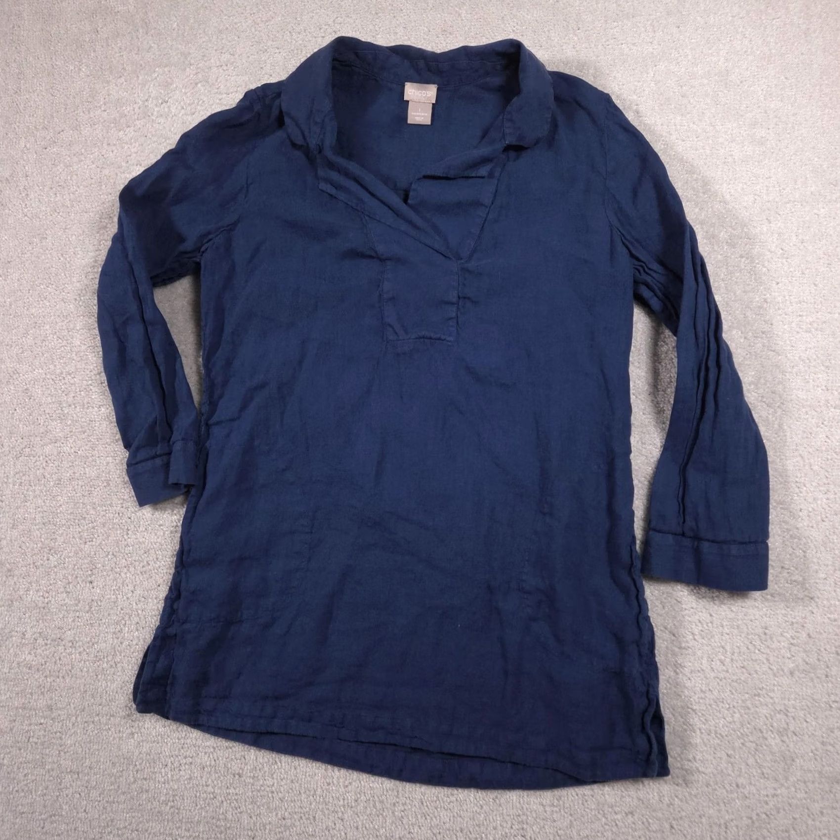 Vintage Chico's Shirt Womens 1 Blue 100% Linen Collared Tunic Long Sleeve Top Blouse Size XS / US 0-2 / IT 36-38 - 3 Thumbnail