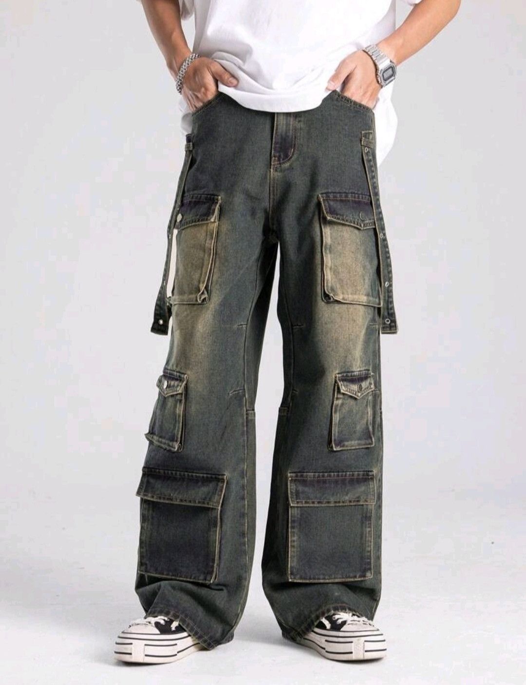 Jean × Vintage Retro Washed Jeans Cargo Multi Pocket Hype Hip Hop Size US 36 / EU 52 - 3 Thumbnail