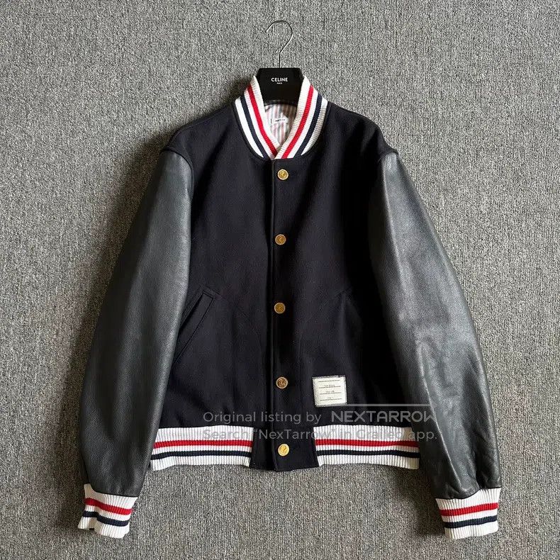 Other Thom Browne Dark Blue Striped Leather Sleeve Patch Basebal Size US M / EU 48-50 / 2 - 1 Thumbnail
