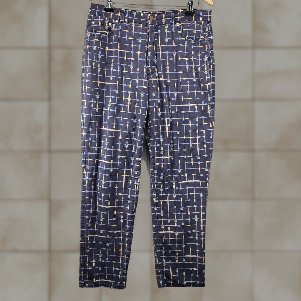 Escada VINTAGE ESCADA Sport ITALY Rowing Boat Print Pants Jeans 44 Navy Blue Knit Cotton Blend Stretch-Front Zip Regular Straight Leg 30.5 Inseam Womens Size 30" / US 8 / IT 44 - 1 Thumbnail