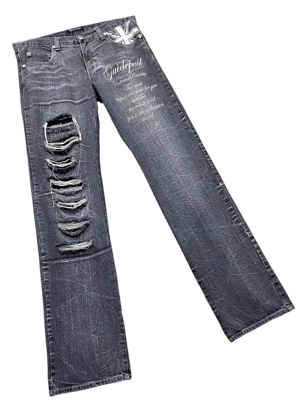 Roots ROOTTHREE Embossed SKULL BONES Grunge Ripped Punk Union Jack Size 31" - 6 Thumbnail