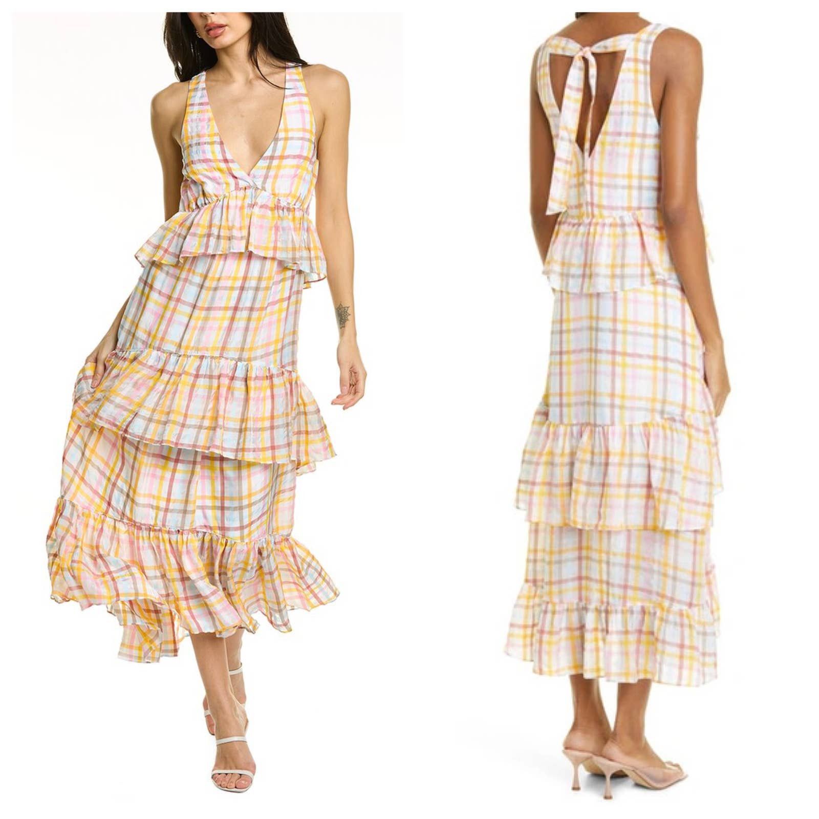 image of Cinq A Sept New Cinq À Sept Astor Sleeveless Tiered Dress Pastel Plaid in White, Women's (Size Medi