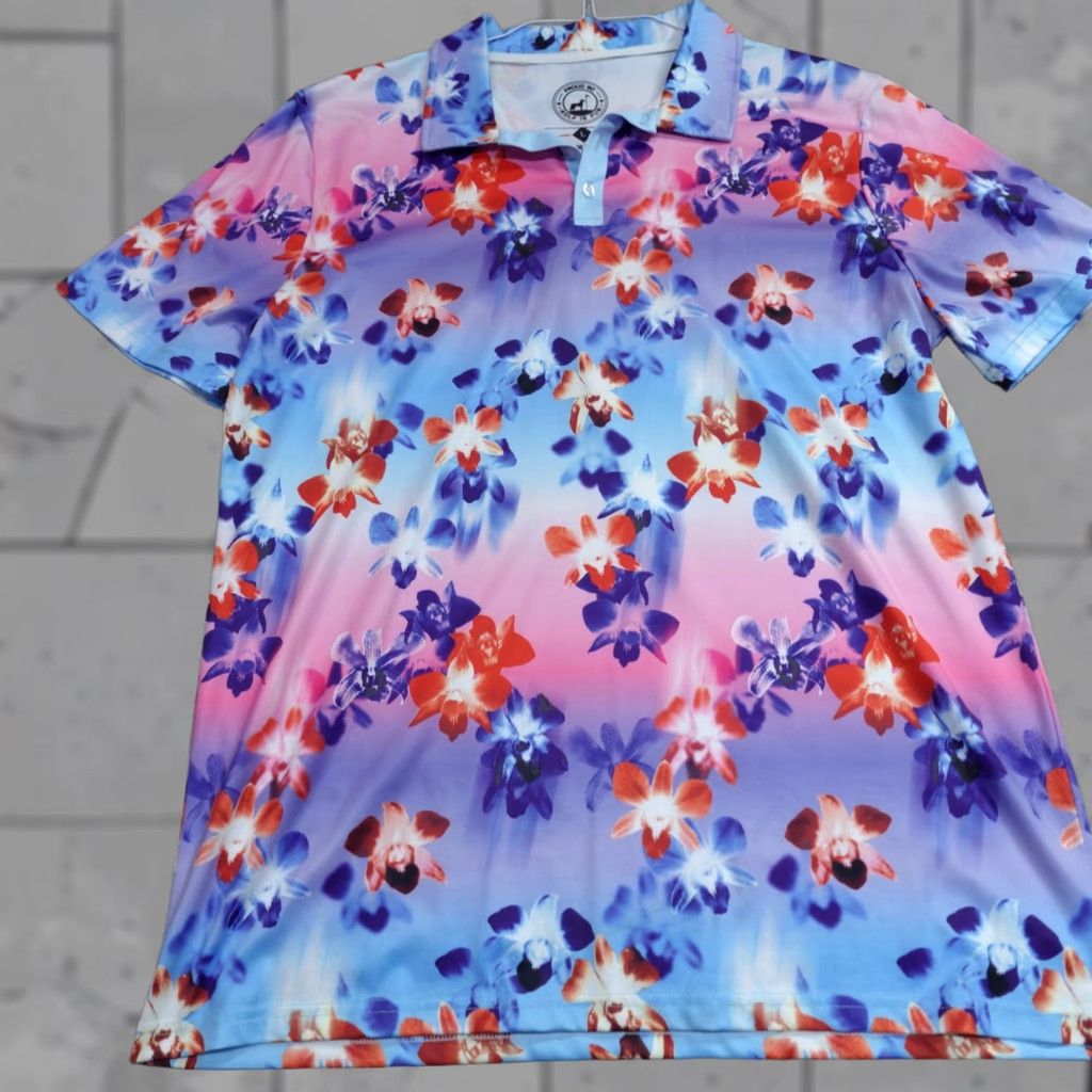 Vintage Proud 90 Polo Shirt Large Blue All Over Floral Print Performance Golf Polo Shirt Men L Blue Floral Print Embroidered Polo Shirt Golf Mens Size US L / EU 52-54 / 3 - 1 Thumbnail