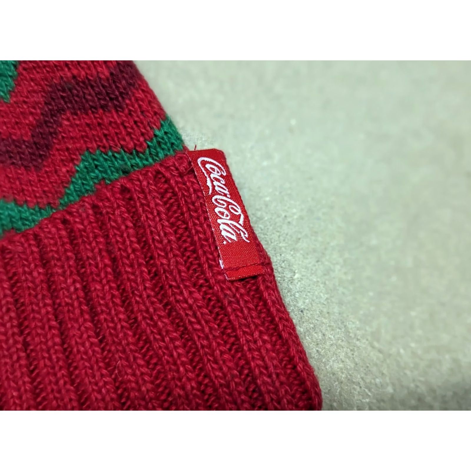 Vintage Coca-Cola Beanie Hat One Size Striped Red Green Pom Pom Knitted Ribbed Size ONE SIZE - 4 Thumbnail