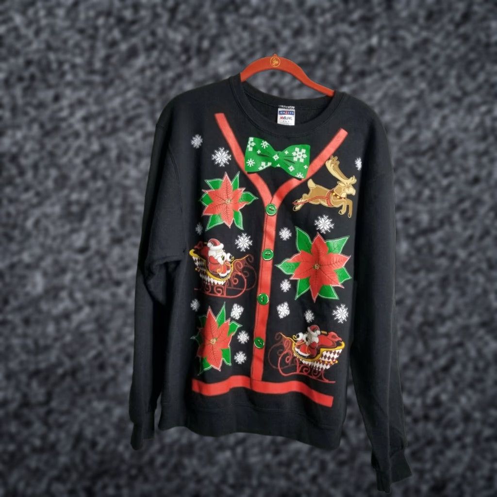 Jerzees Mens M Holiday Sweatshirt Ugly Christmas Poinsettias Santa Bow tie Reindeer Christmas Mens Size US M / EU 48-50 / 2 - 1 Thumbnail