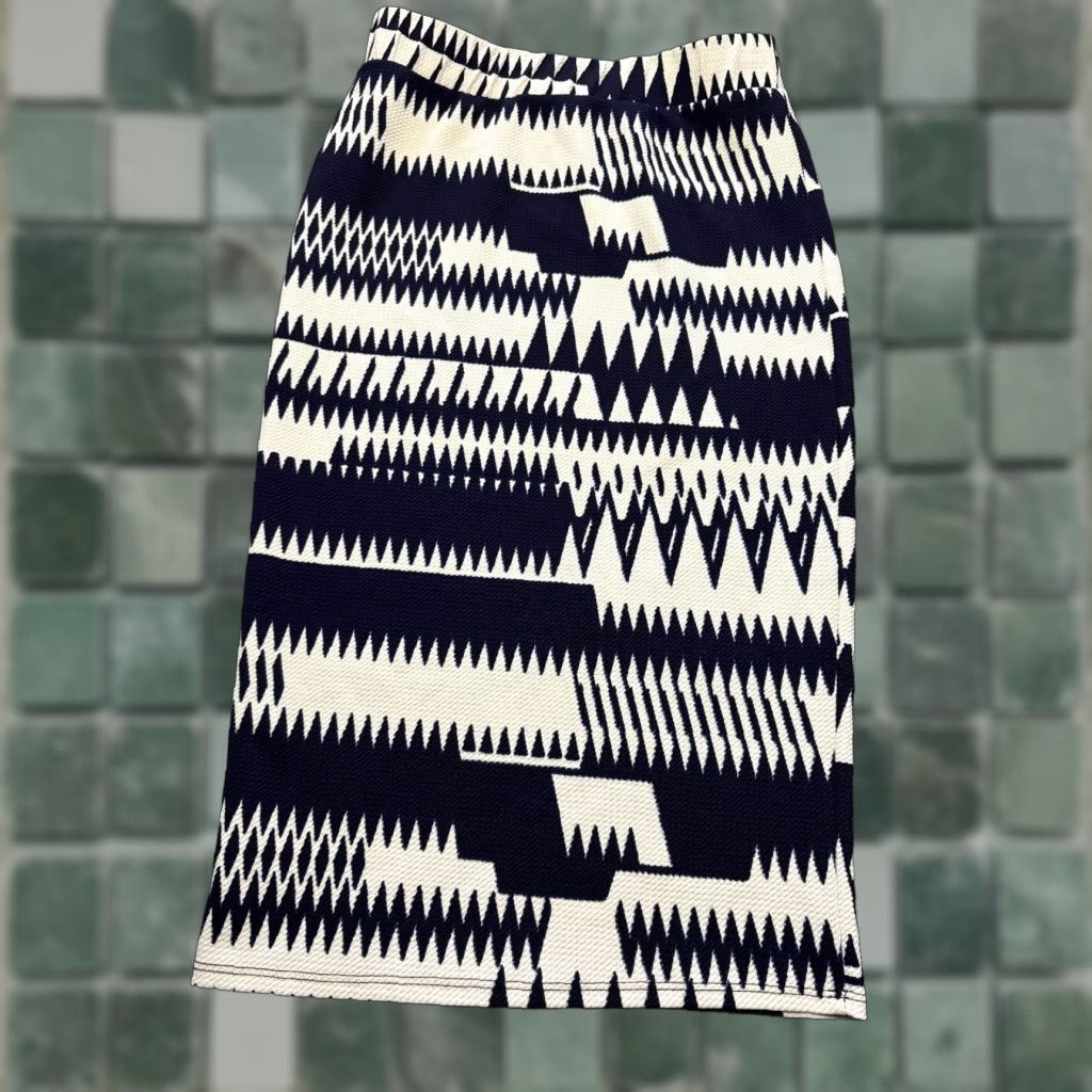 Vintage Daily Special Skirt Womens L Blue White Zig Zag Pattern Stretch All Seasons Long Pencil Elastic Waist Casual Business Party/Cocktail Travel Size 36" / US 14 / IT 50 - 1 Thumbnail