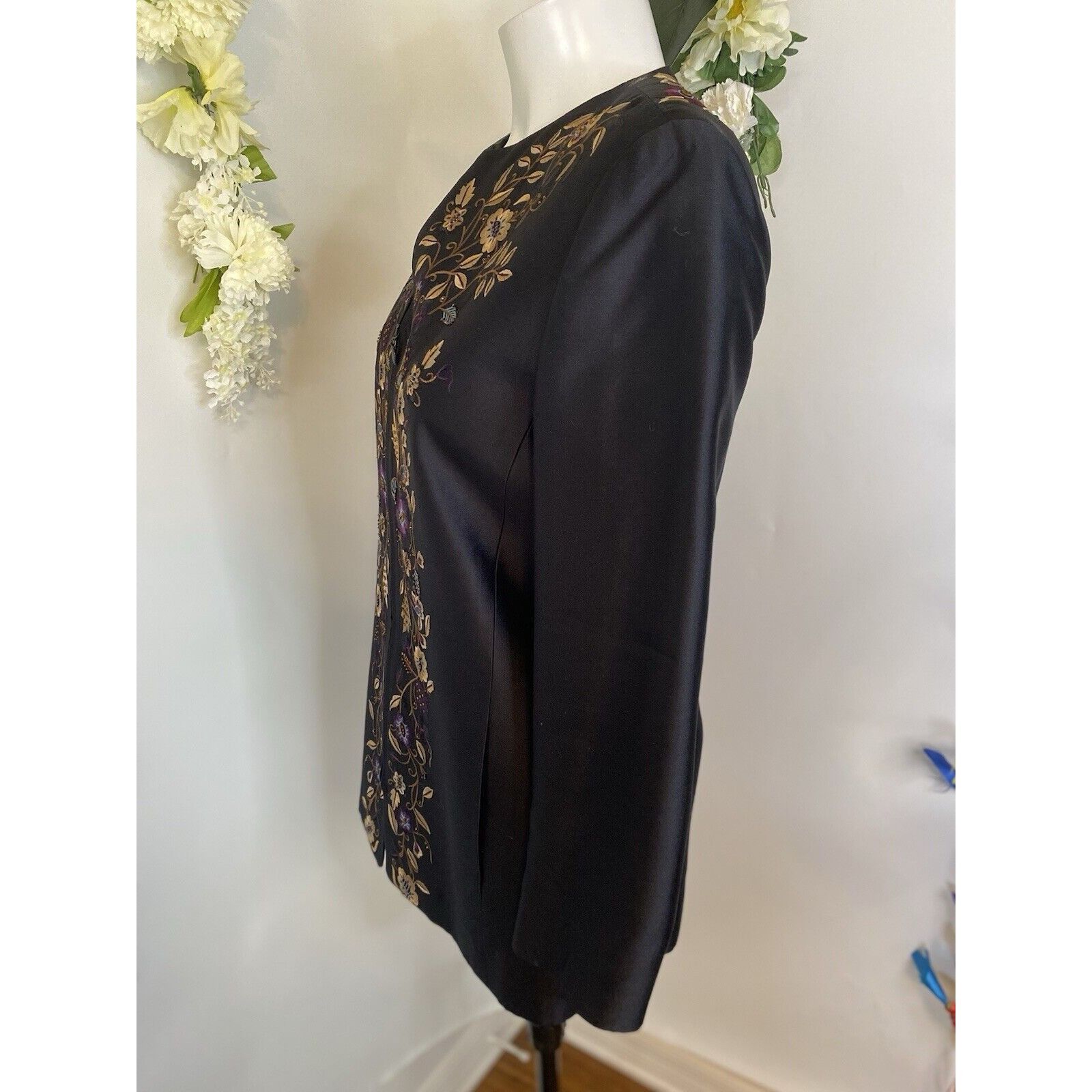 Vintage Dana Buchman Vintage Silk Jacket Long 90s Floral Embroidered Size S / US 4 / IT 40 - 20 Thumbnail