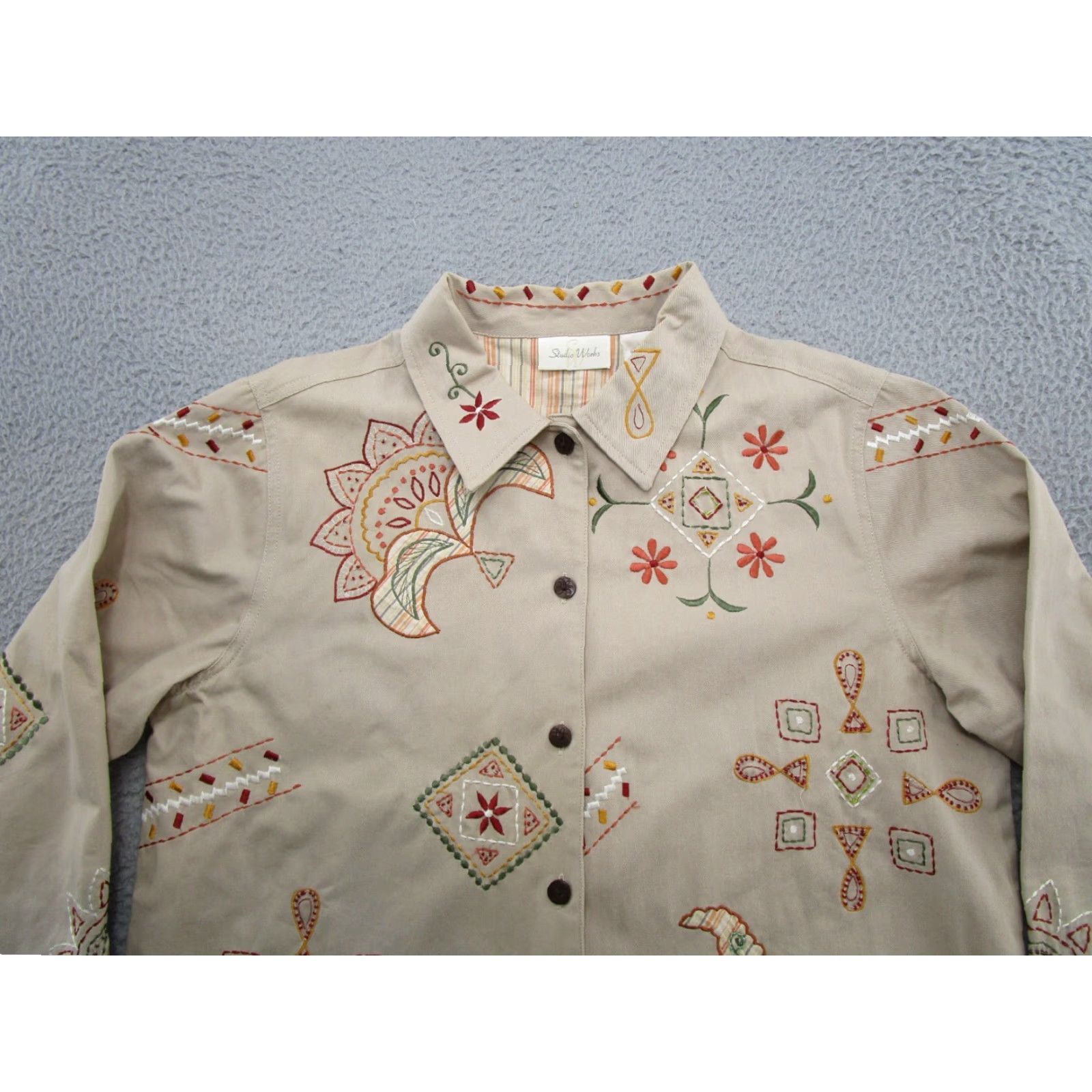 Vintage VINTAGE Studio Works Women’s Embroidered Cotton Beige Jacket L Beige Embroidered Women Jacket Size L / US 10 / IT 46 - 2 Thumbnail