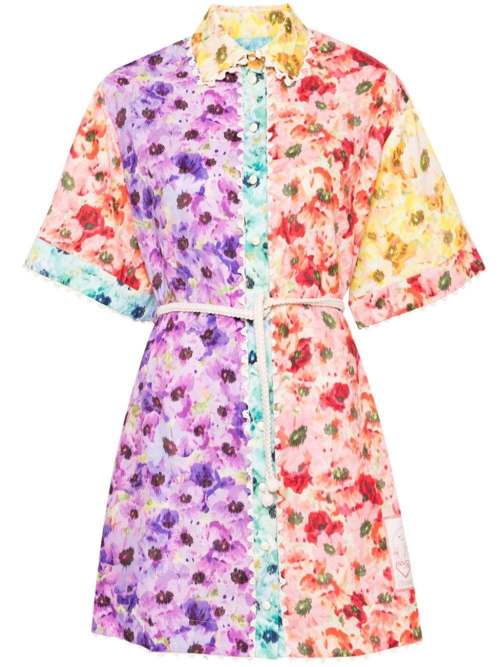 Zimmermann oc11z0525 Floral Print Shirt Mini Dress in Multicolor Size L / US 10 / IT 46 - 1 Thumbnail