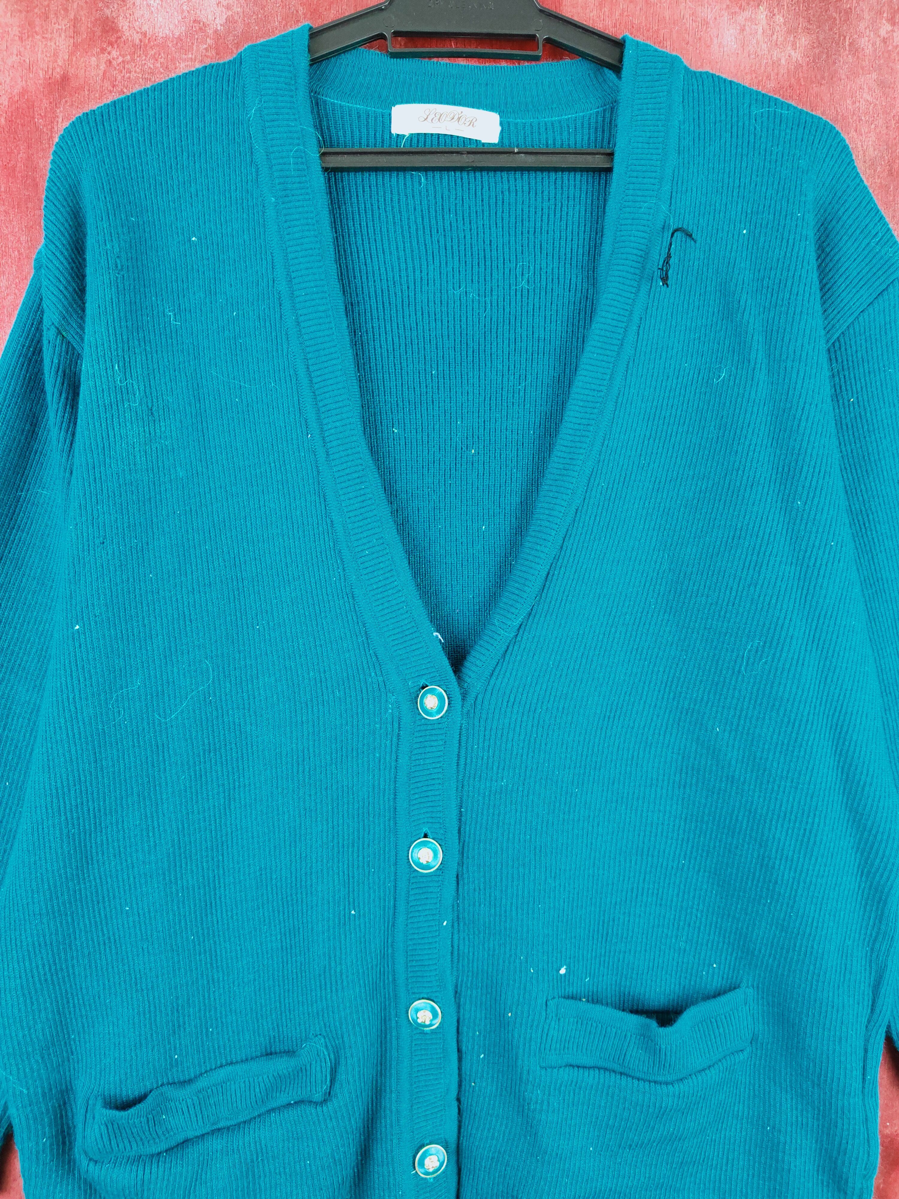 Japanese Brand × Vintage Leod'or Turquoise distressed ripped Knitwear Cardigan #S2012 Size L / US 10 / IT 46 - 2 Thumbnail