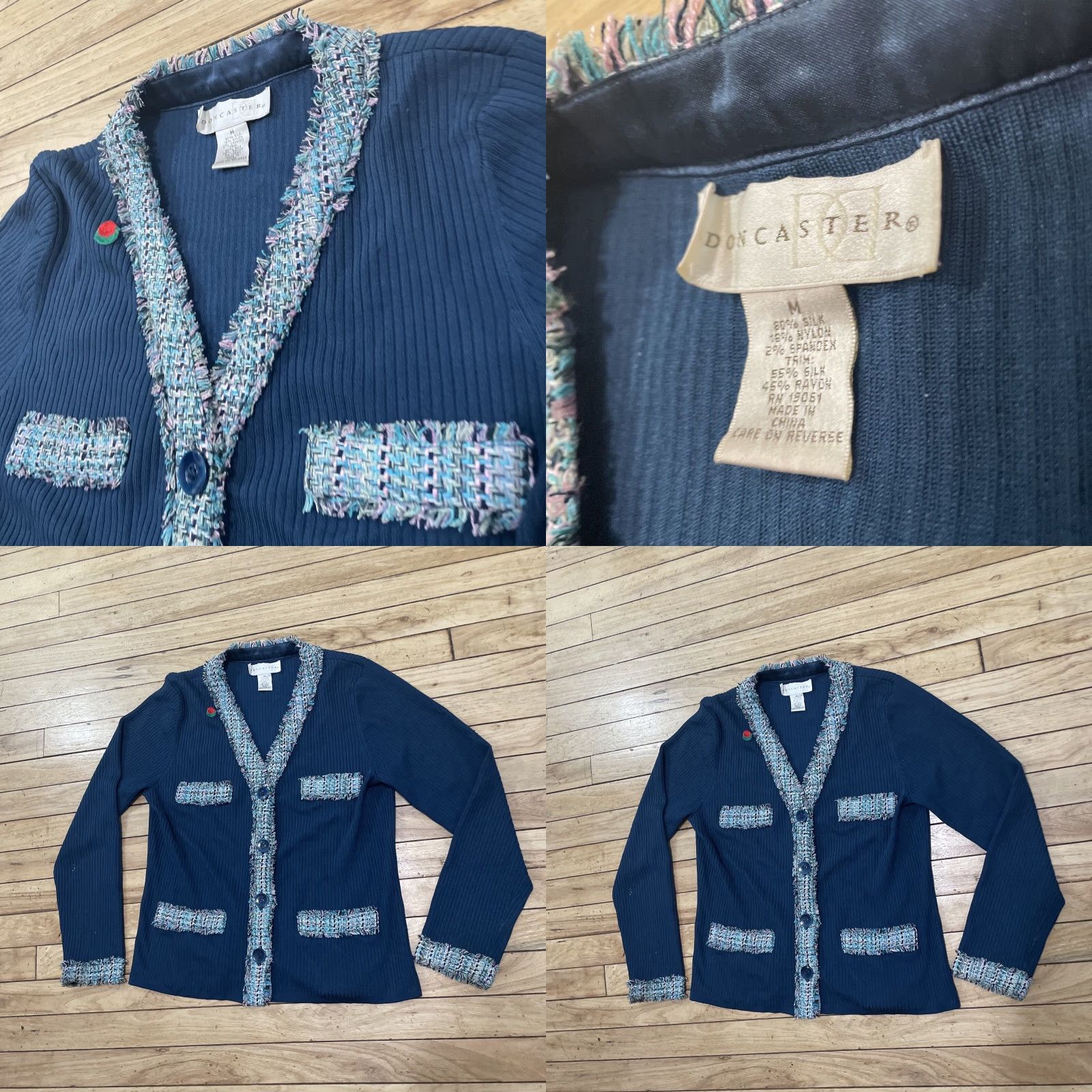 Vintage DON CASTER Sweater Womens M Cardigan Knit Long Sleeve V-Neck Blue 80% Silk Nylon Spandex Lightweight Breathable Stretch Womens Size M / US 6-8 / IT 42-44 - 11 Thumbnail