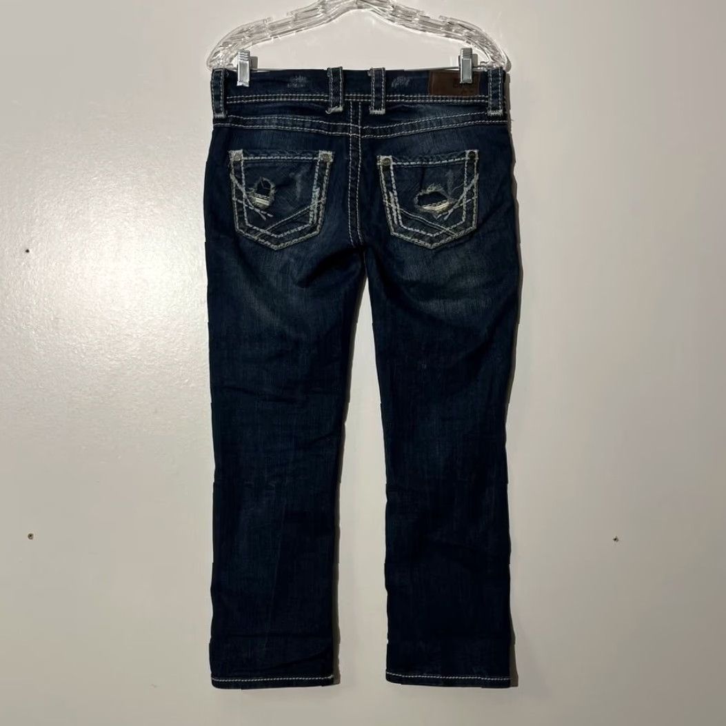 BKE BKE Sabrina Jeans Womens 27 Dark Wash Straight Leg Distressed 5-Pocket Denim Zip Button M7 Size 27" / US 4 / IT 40 - 3 Thumbnail