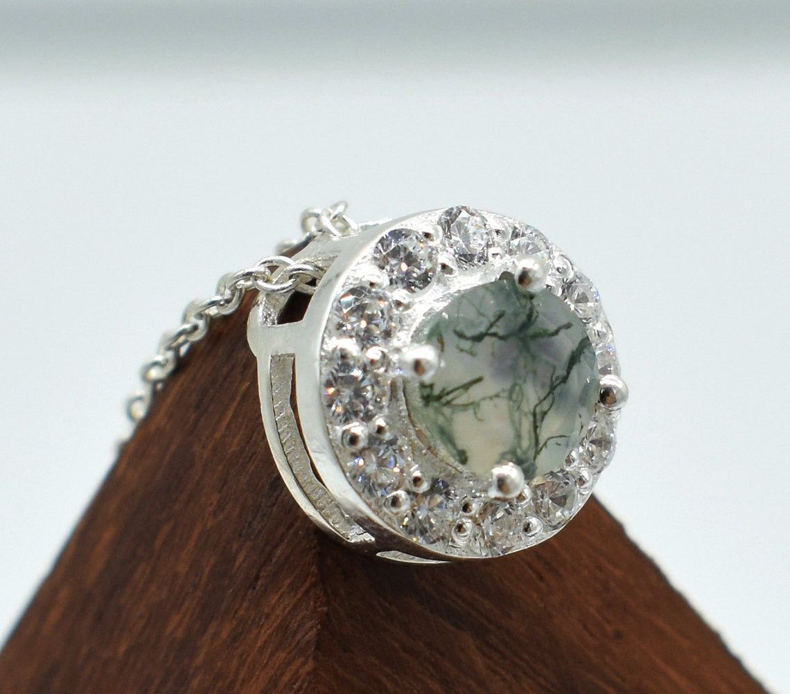Handmade Moss Agate Pendant: Round Gemstone, 925 K Silver Necklace Size ONE SIZE - 3 Thumbnail