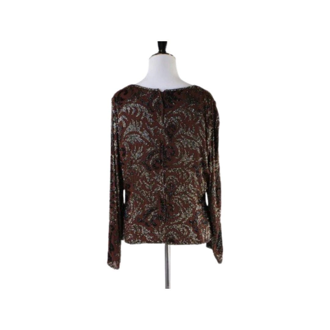 Vintage Frank Usher Sequin Top Brown Black Beaded Silk Blouse Medium Size M / US 6-8 / IT 42-44 - 6 Thumbnail